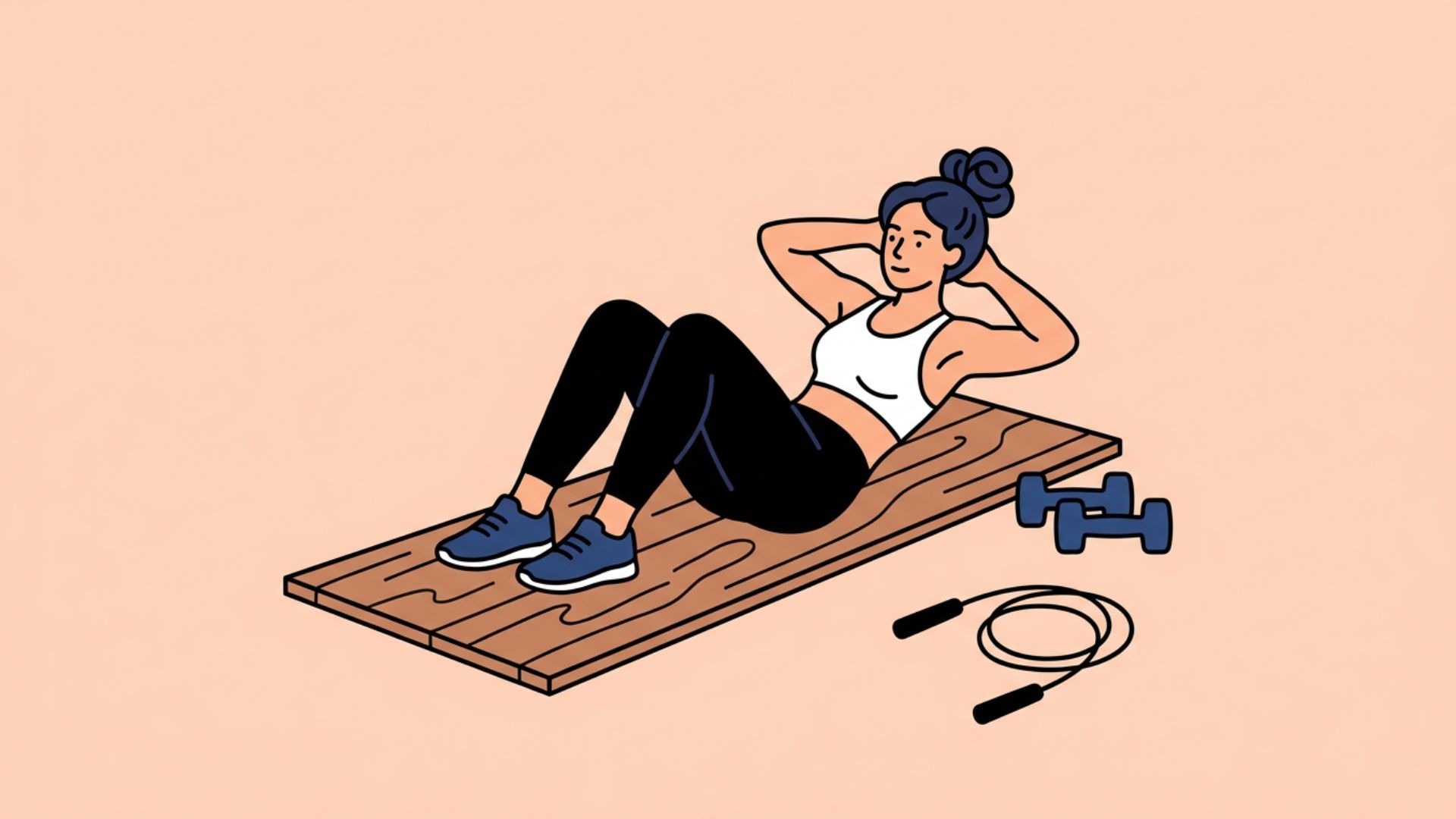 Illustration of woman doing crunches on a mat with dumbbells and jump rope for a 5 day workout split routine.