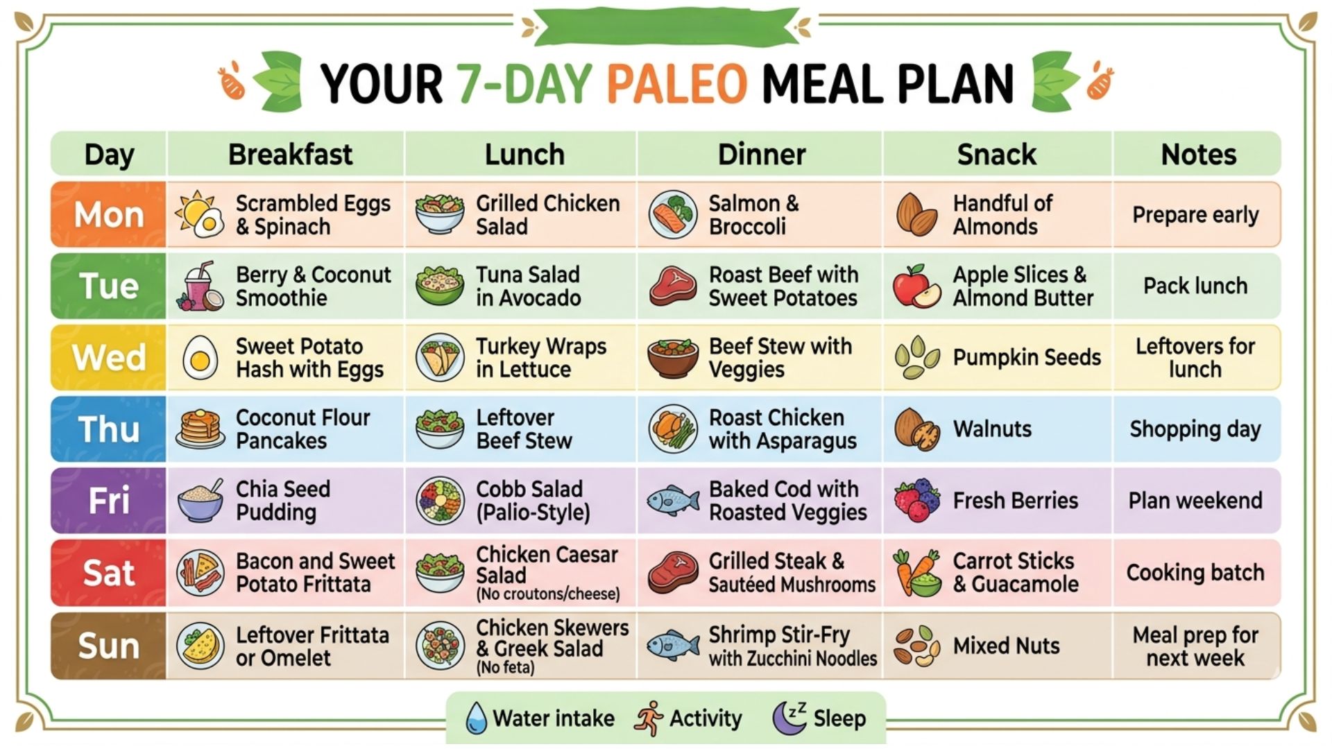 7-day paleo diet meal plan chart with paleo breakfasts, lunches, dinners, healthy snacks, and weekly meal prep notes.