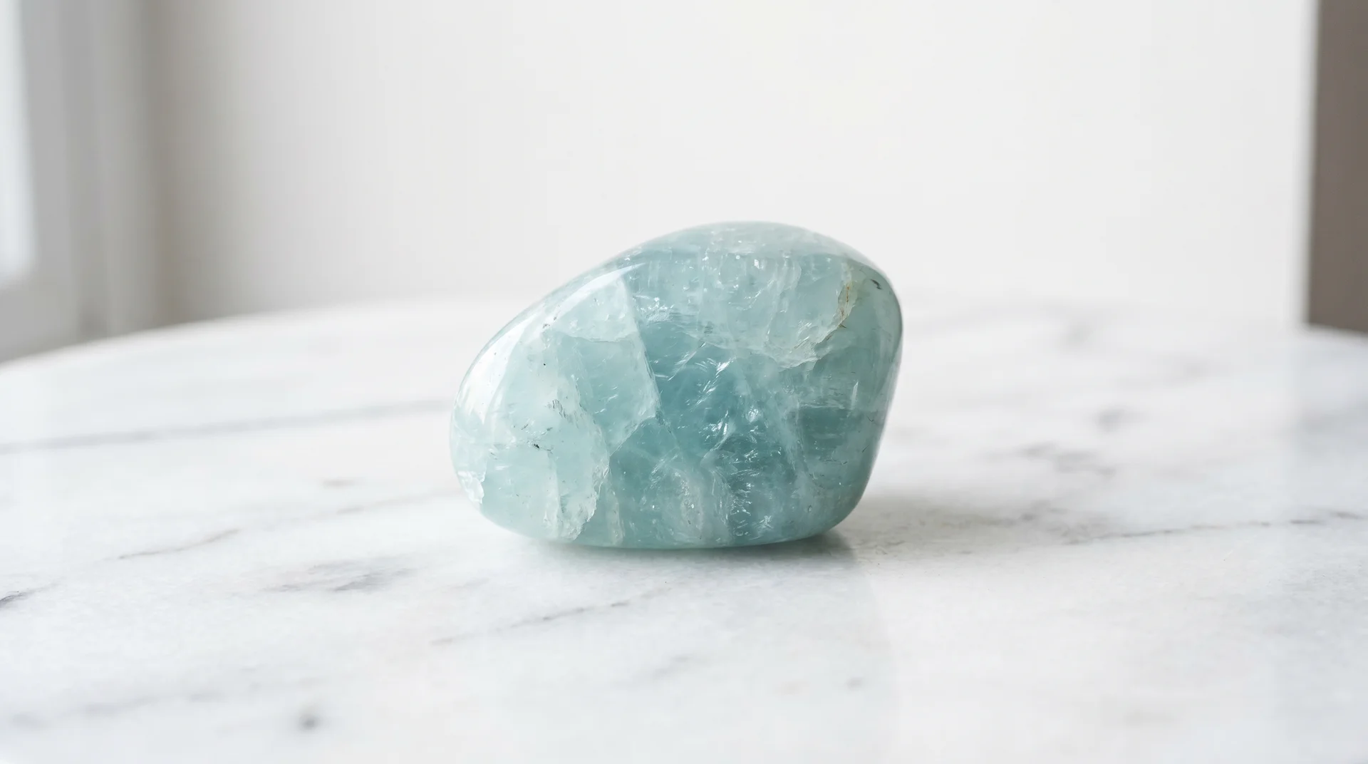 A close-up shot of a polished, light blue-green aquamarine crystal stone resting on a white marble surface.