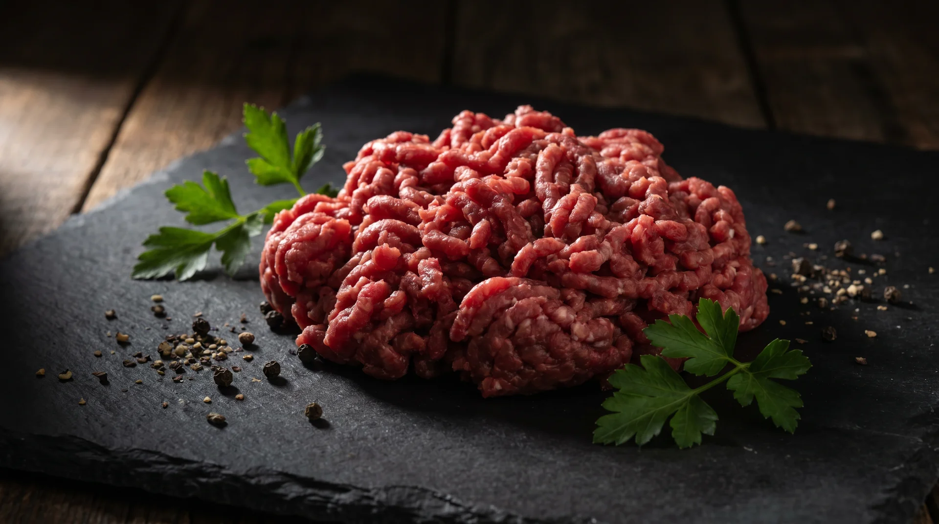 Raw ground bison meat on a black slate board, garnished with fresh parsley and peppercorns.