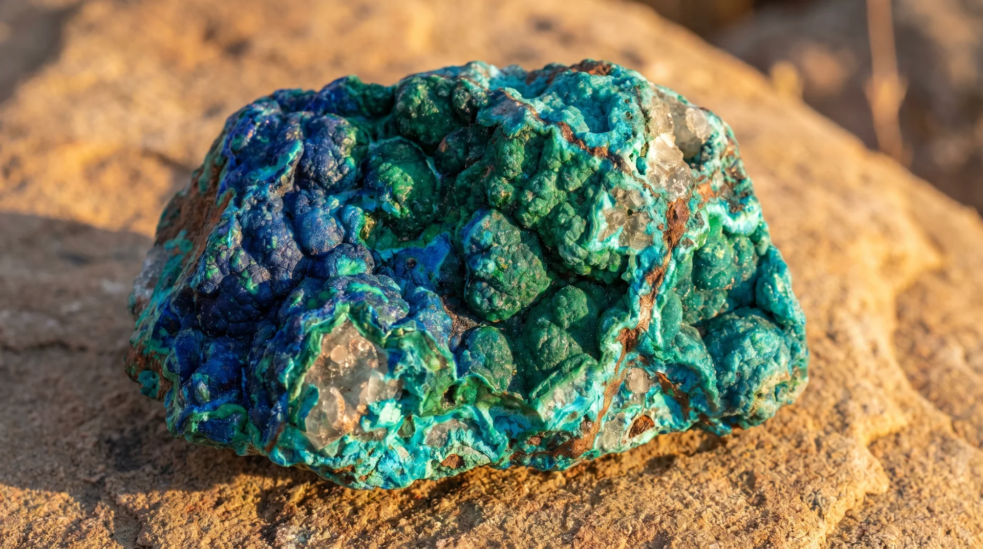 A rough, unpolished blue-green chrysocolla stone resting on a sandy, light brown rock surface.
