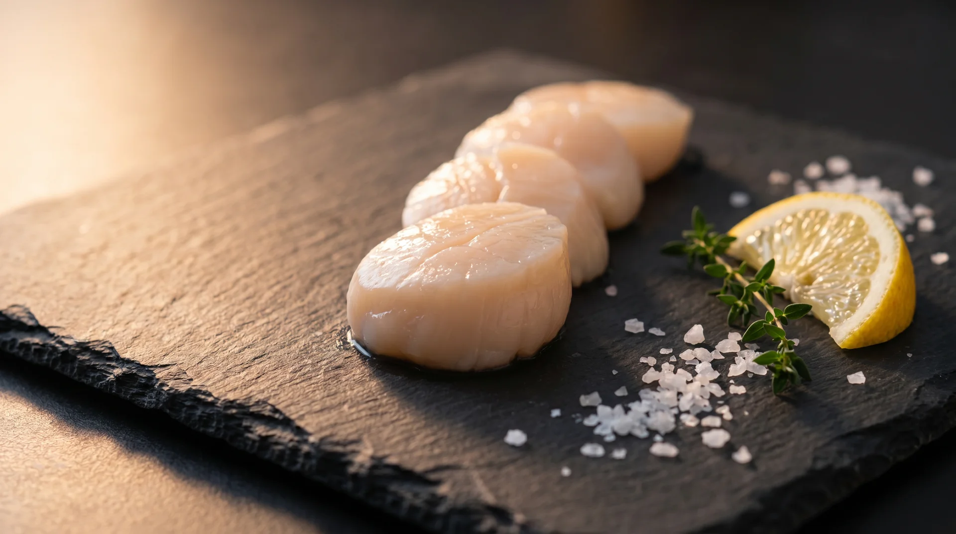 Raw scallops on a black slate board, garnished with a lemon wedge, fresh thyme, and sea salt flakes.