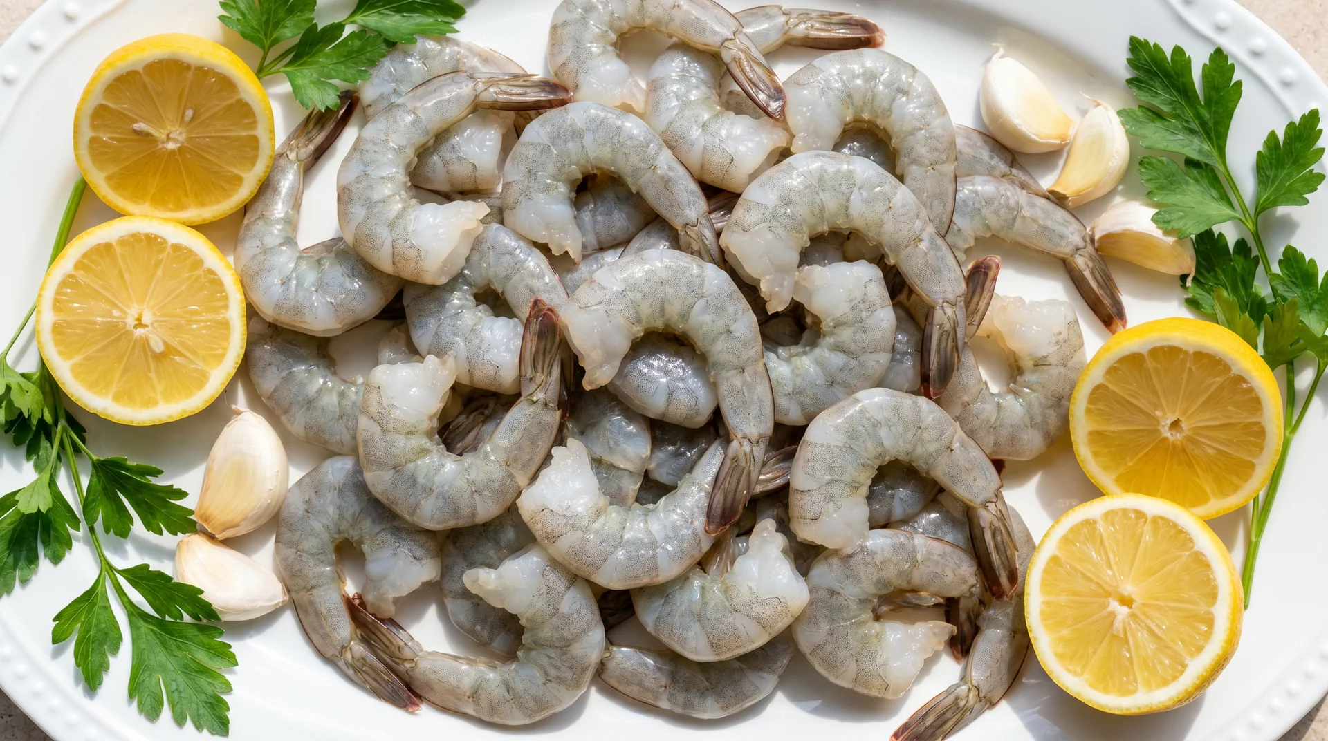 Raw peeled shrimp arranged on a white plate, garnished with fresh lemon slices, garlic cloves, and parsley.