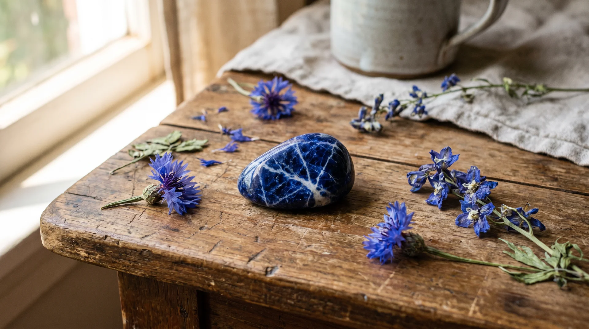 A polished blue sodalite stone with white veining on a rustic wooden table surrounded by small blue flowers.