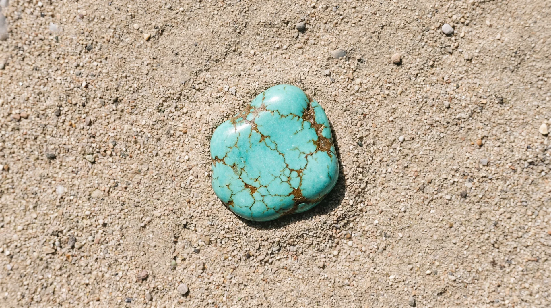 A polished blue-green turquoise stone with brown veins resting on a sandy, textured surface.