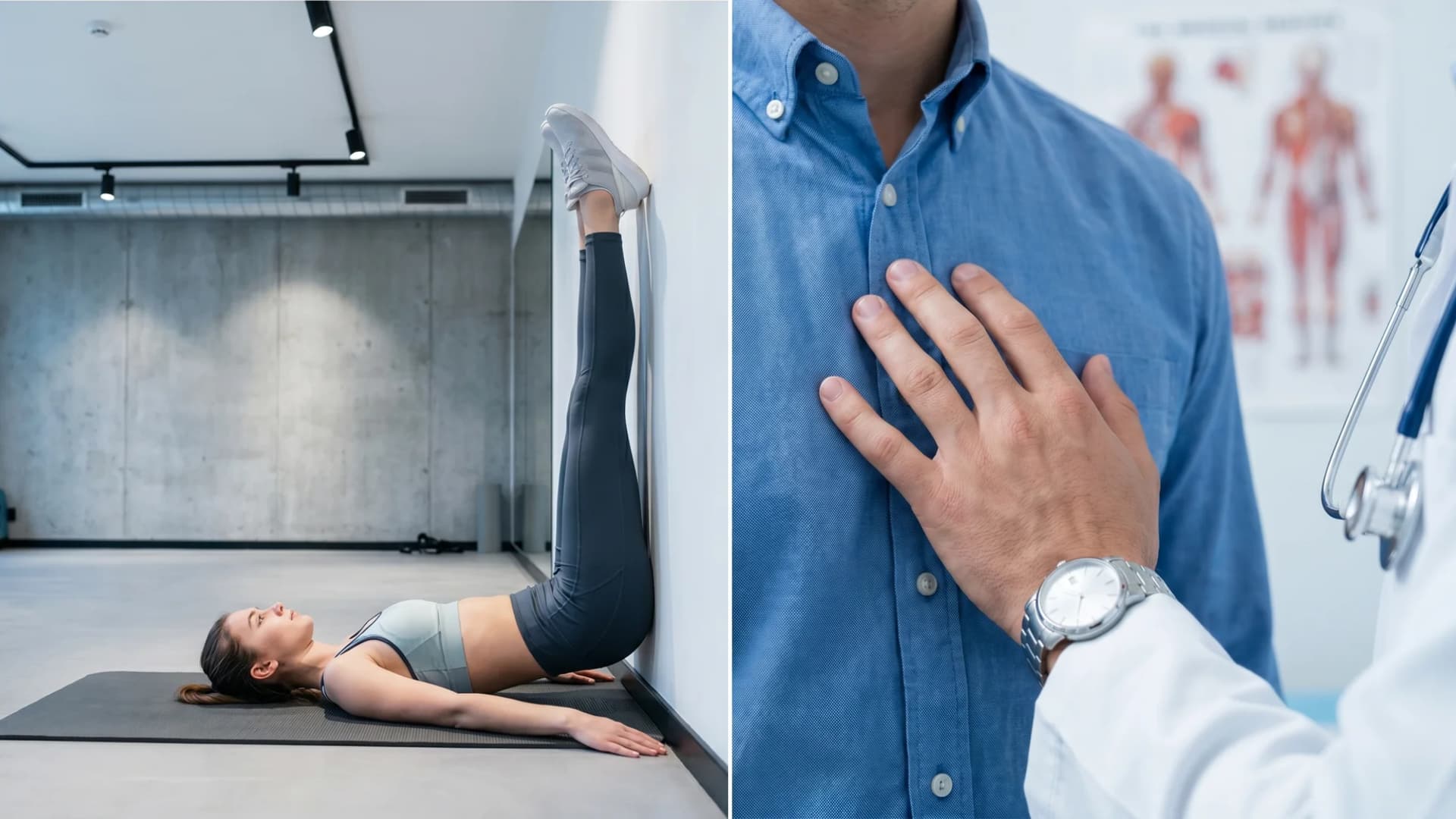 Split image showing a woman doing a legs-up-the-wall stretch, and a doctor's placing a hand on a patient's chest.