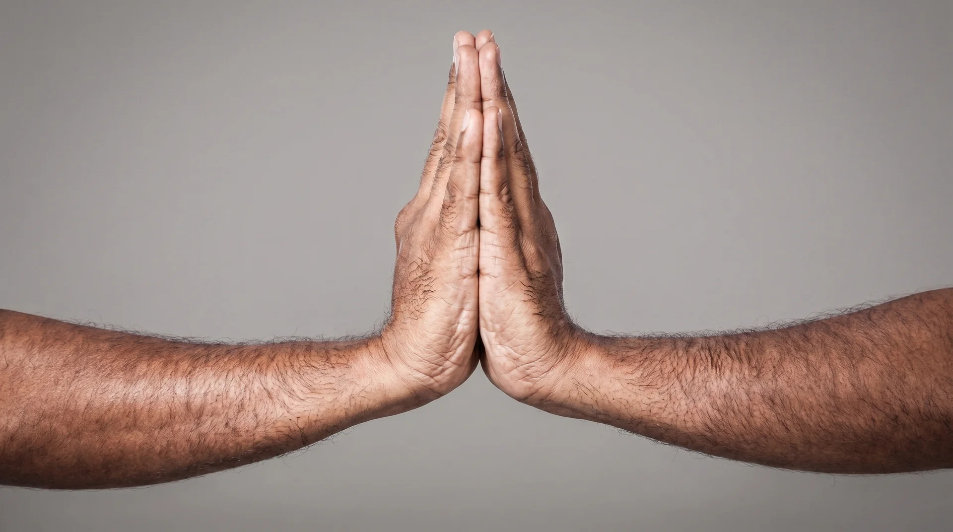 Two arms coming together from opposite sides to press the palms firmly together in front of a plain background, forming the Anjali Mudra prayer position.