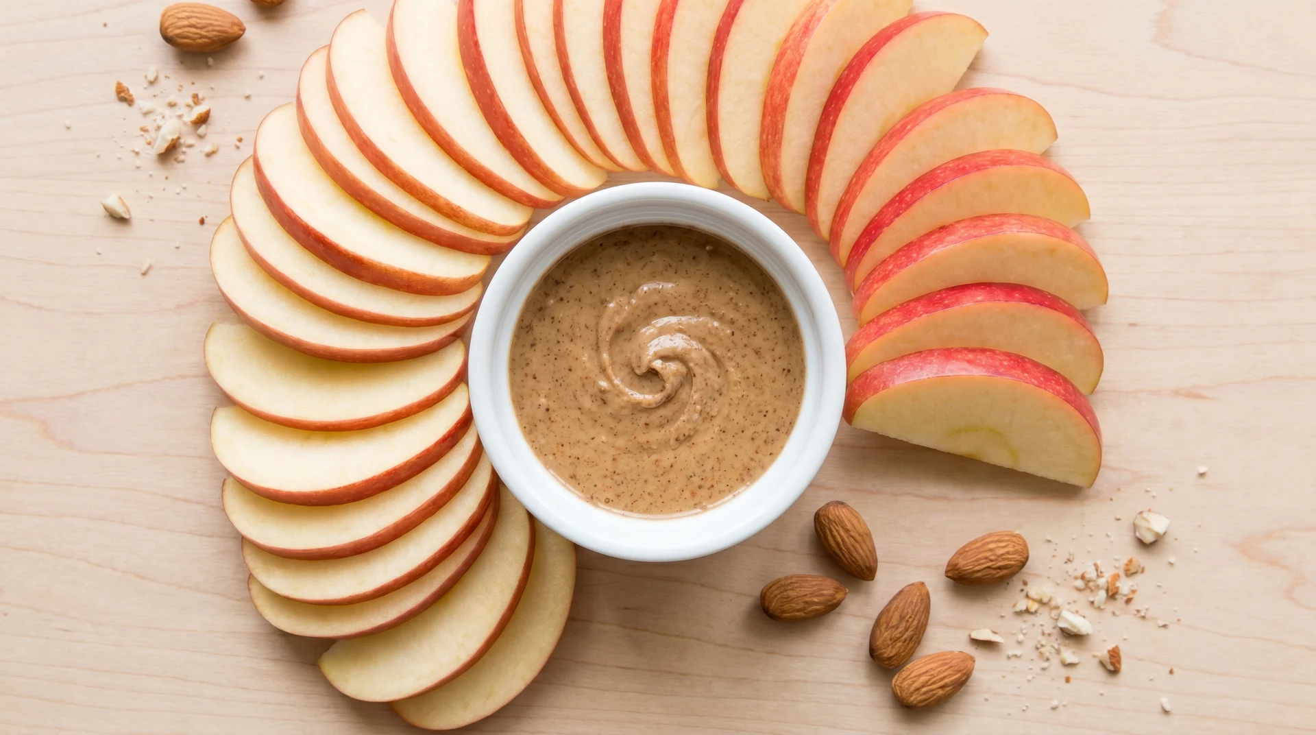 Thinly sliced red and yellow apple pieces arranged in a crescent shape next to a small white bowl of creamy almond butter and raw almonds.