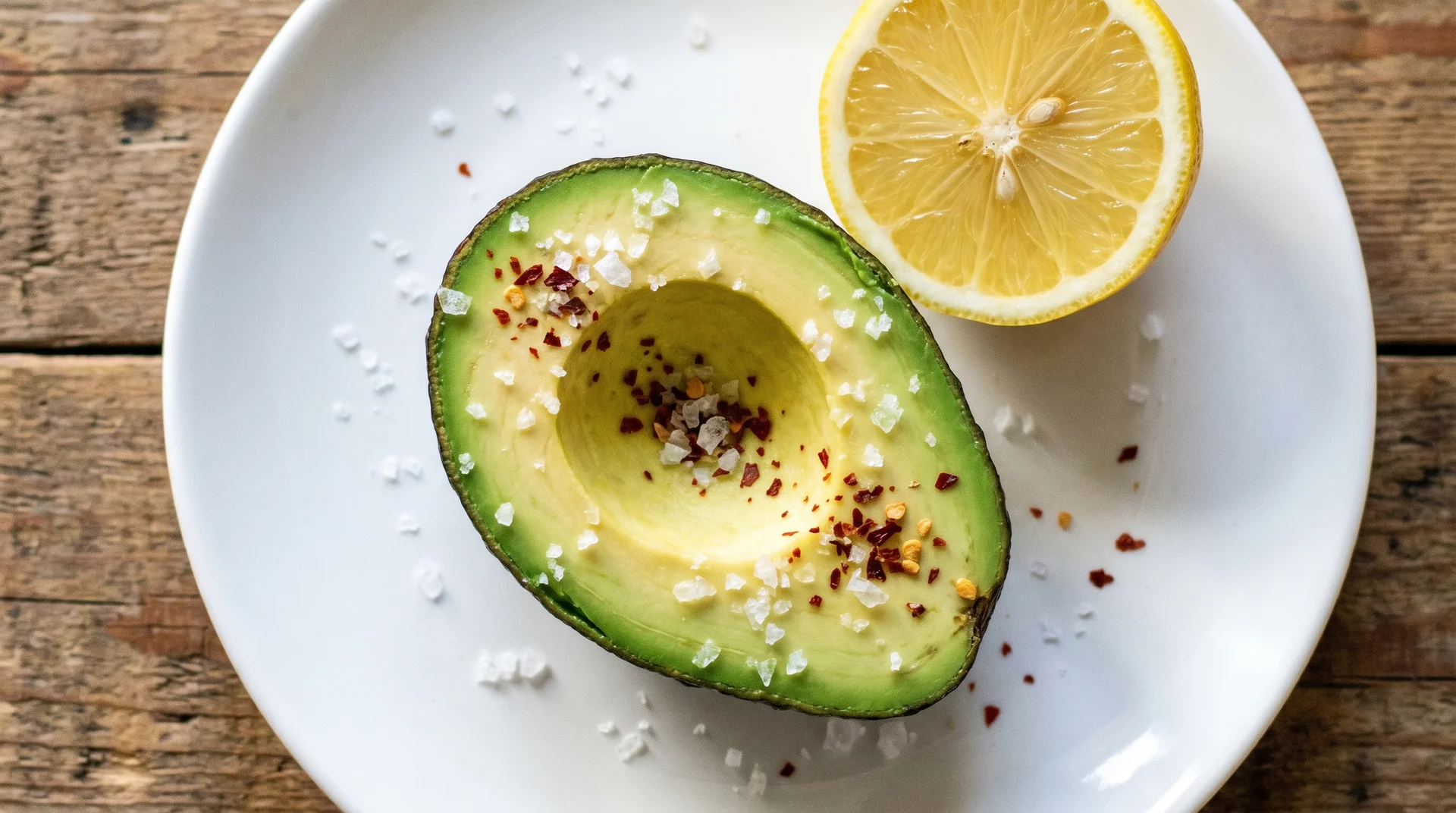 An avocado half sprinkled with sea salt and red pepper flakes on a white plate, served next to a fresh lemon half on a wooden table.