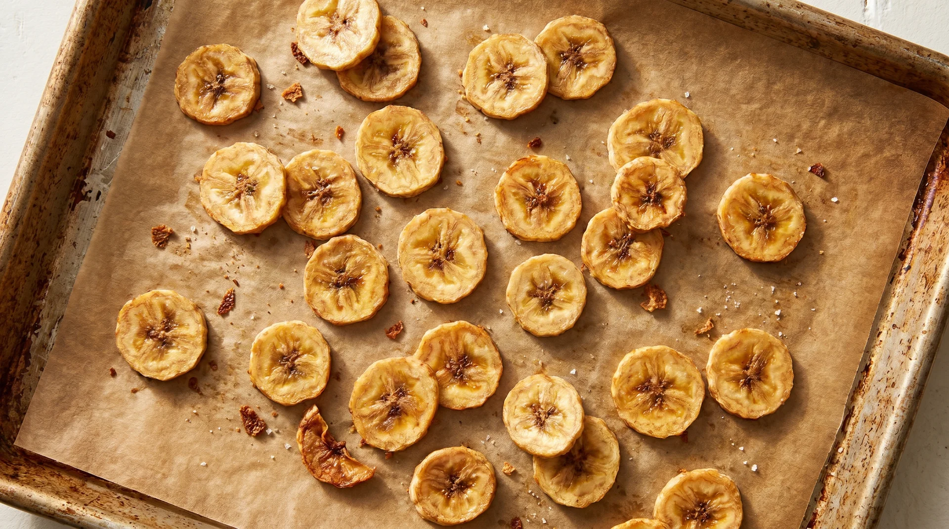 Golden-brown, baked banana chips scattered across a seasoned parchment-lined baking sheet.