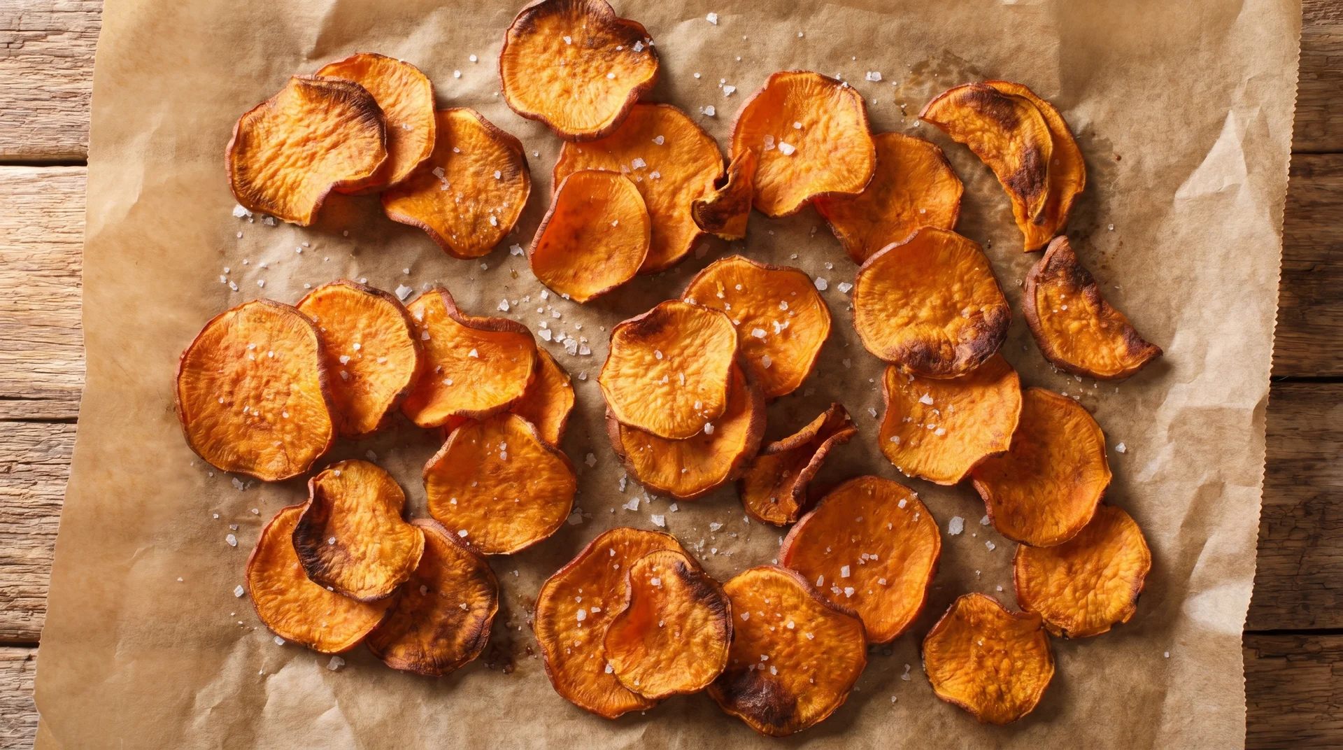 Crispy, golden-brown baked sweet potato chips lightly sprinkled with sea salt flakes, arranged on a piece of crinkled parchment paper.