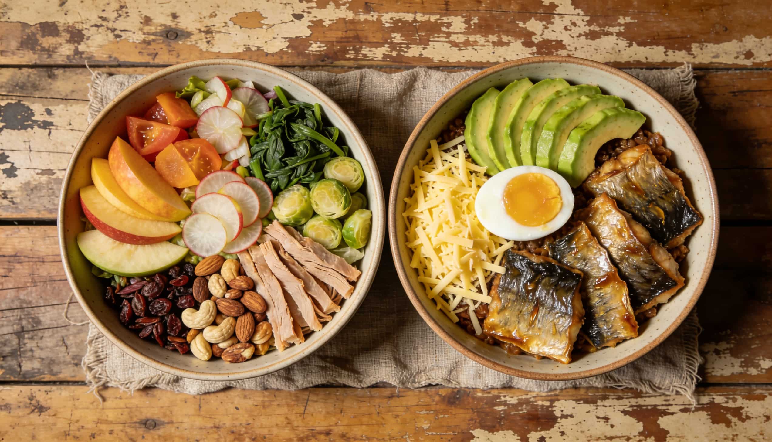 Two healthy food bowls side-by-side on a rustic wooden table, comparing Paleo ingredients with Keto ingredients.