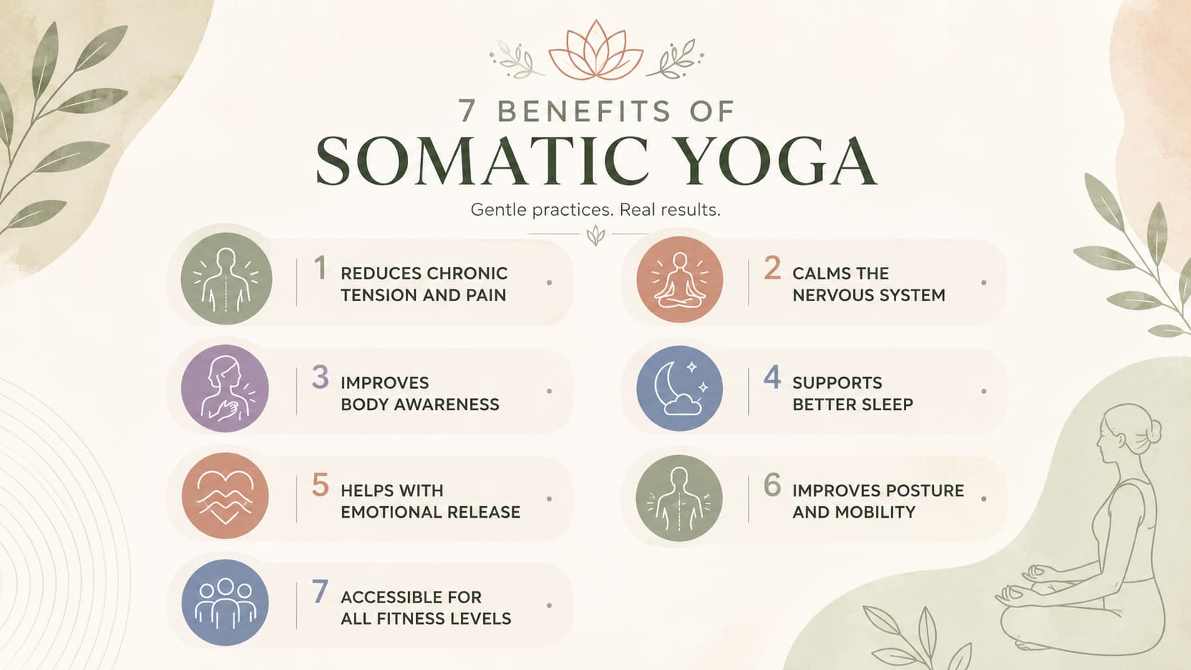 Infographic outlining "7 Benefits of Somatic Yoga" with a meditating silhouette, botanical line art, and seven numbered circles with icons on a beige background.