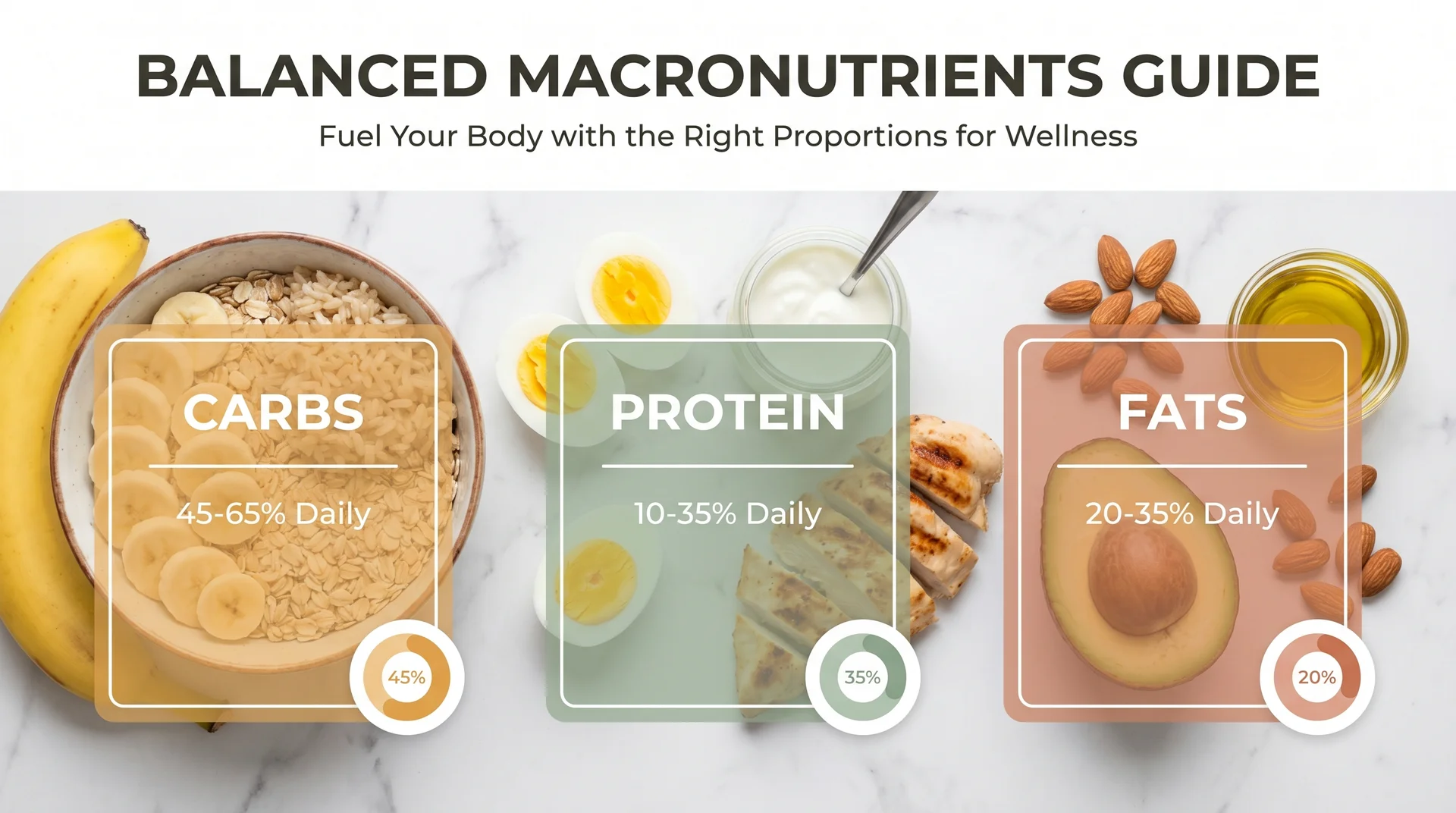 Balanced macronutrients for pre-workout meals showing carbs, protein, and fats with suggested daily percentages.