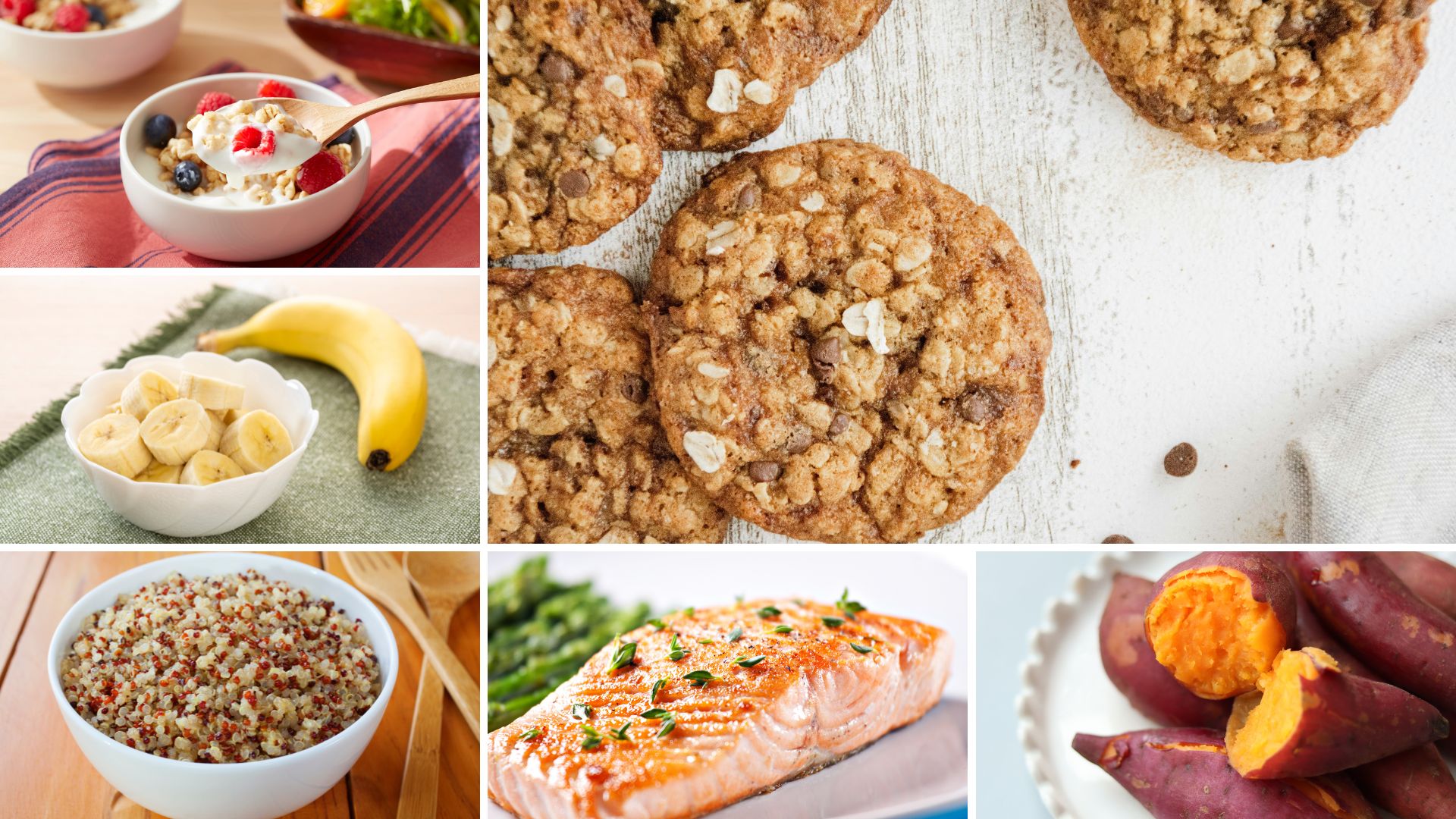Best recovery foods including Greek yogurt, bananas, quinoa, salmon, sweet potatoes, and healthy post-workout snacks for muscle recovery