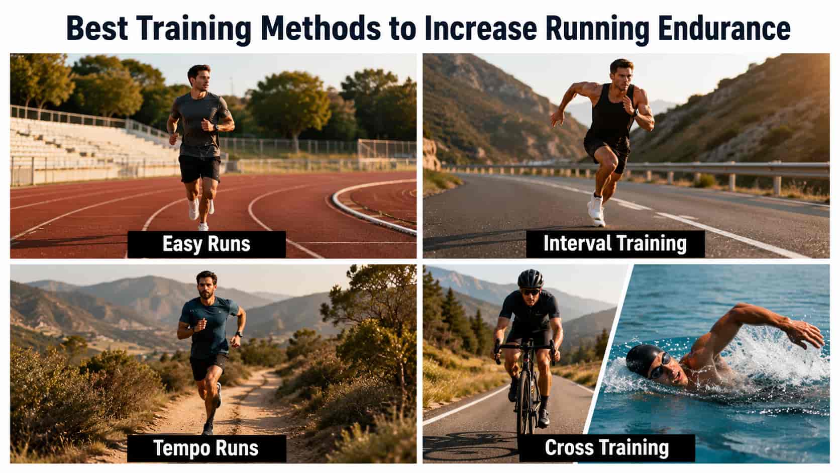 A four-quadrant collage titled "Best Training Methods to Increase Running Endurance" showing easy runs, interval training, tempo runs, and cross-training.