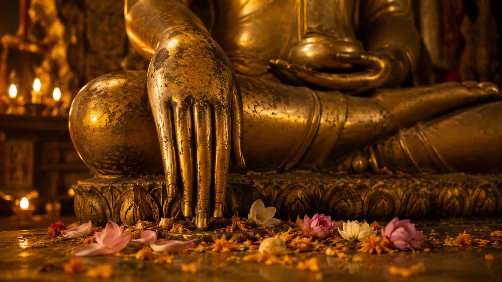 Close-up of a golden Buddha statue’s right hand touching the ground in the Bhumisparsha Mudra gesture.