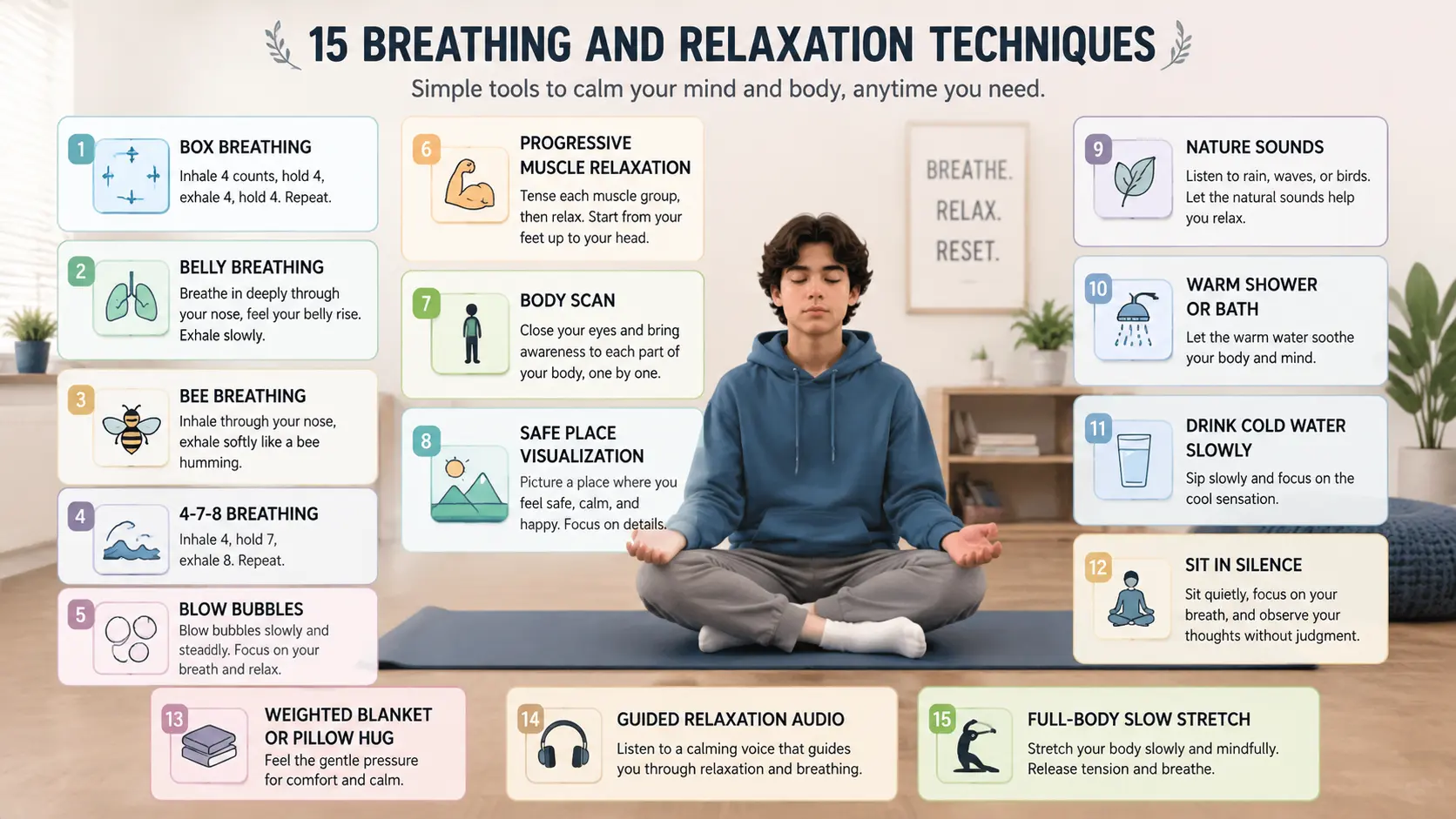 Infographic detailing 15 breathing and relaxation techniques for teen stress relief.