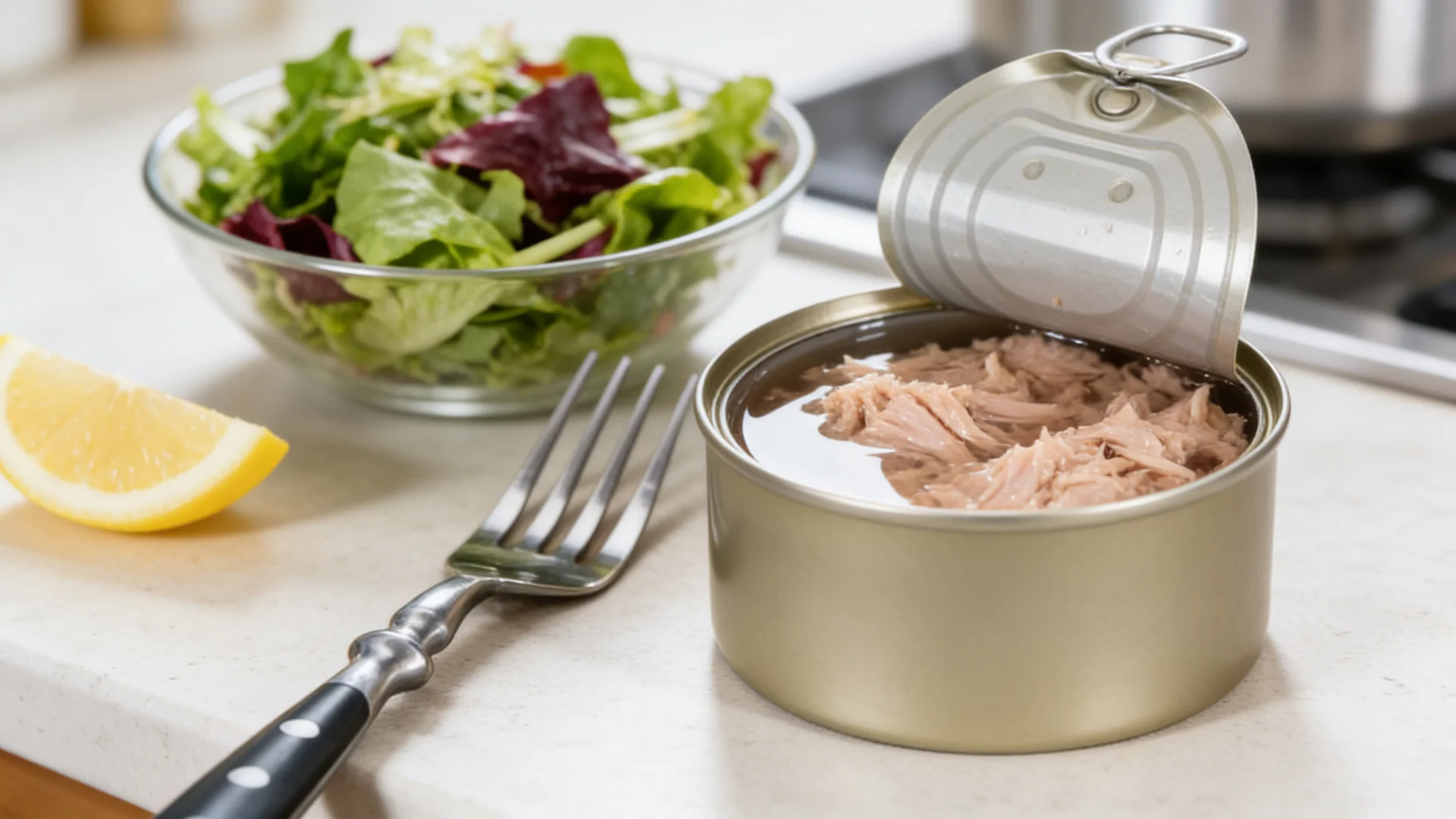 An open can of tuna next to a fork, a lemon wedge, and a small bowl of fresh salad on a light surface.