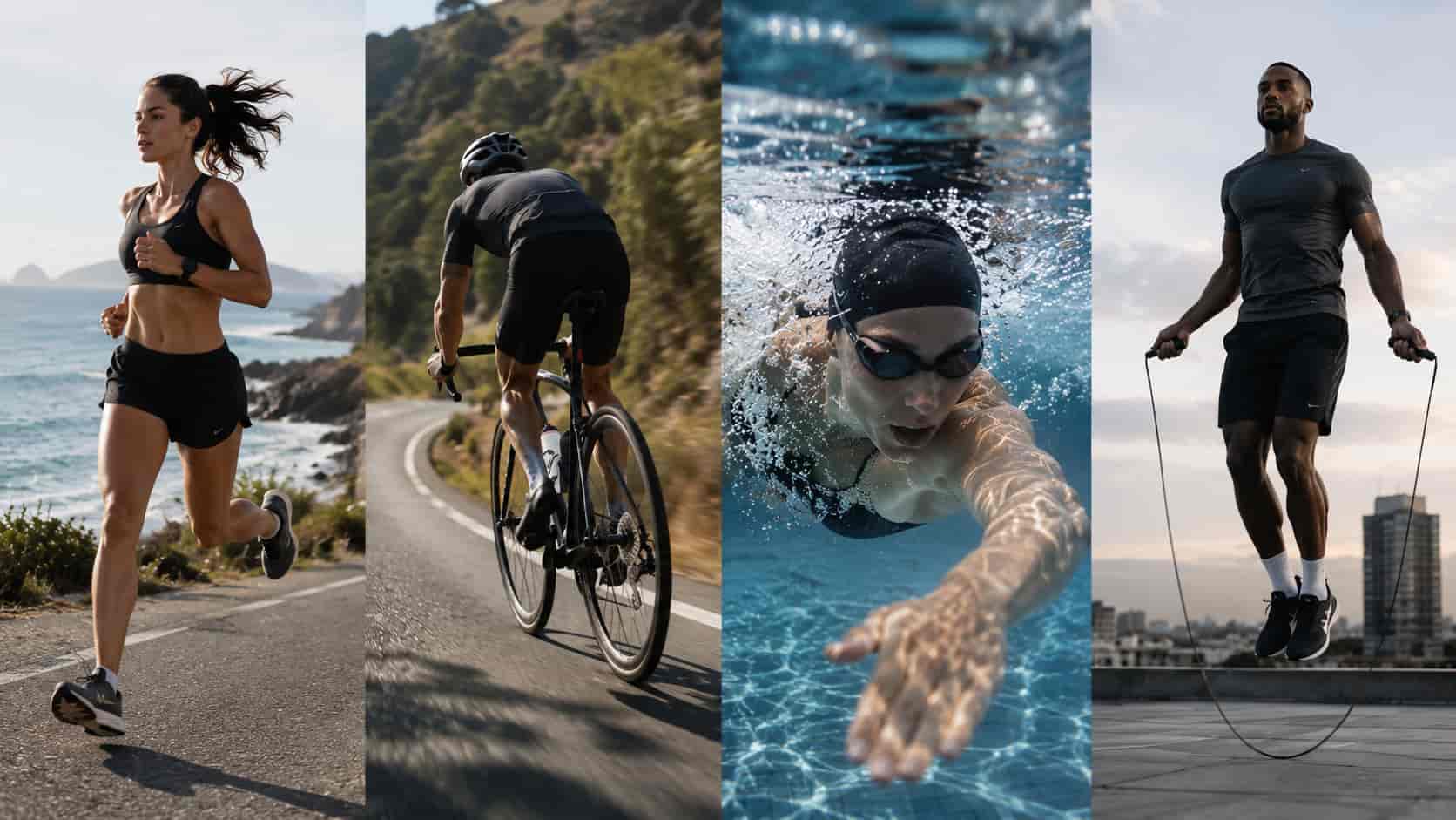 A four-panel grid showing a woman running, a person cycling, a swimmer in a pool, and a man jumping rope.