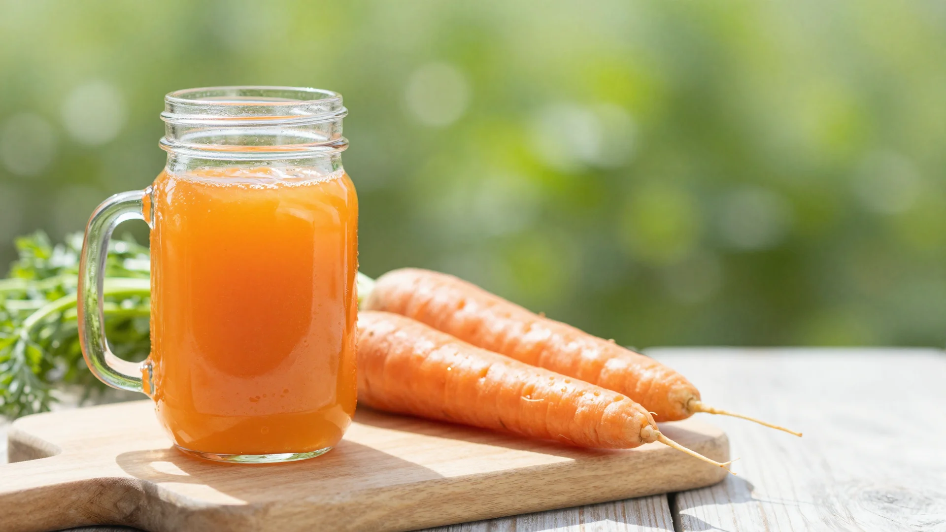 Alt text: Fresh carrot juice in a glass mason jar next to whole carrots on a cutting board.