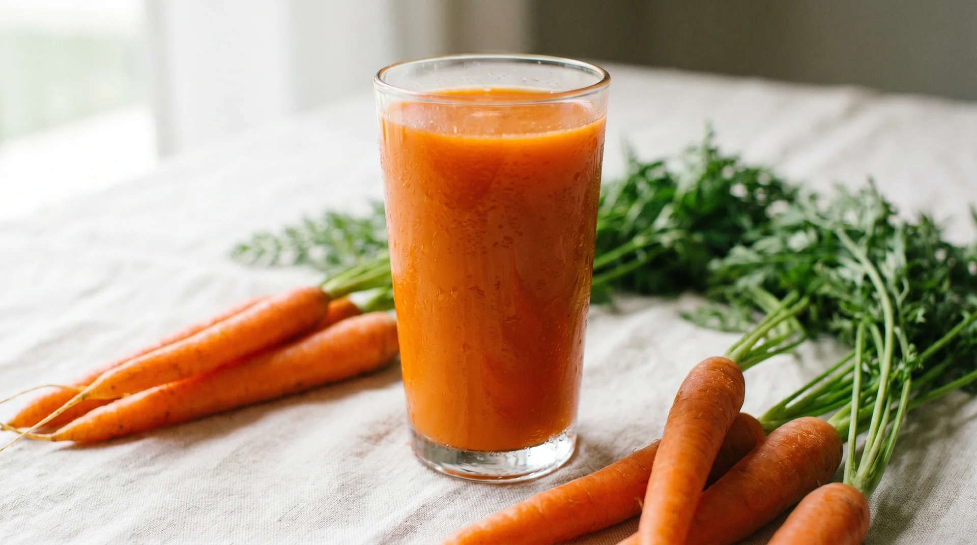 A glass of vibrant orange carrot juice placed next to fresh, whole carrots with green leafy tops.