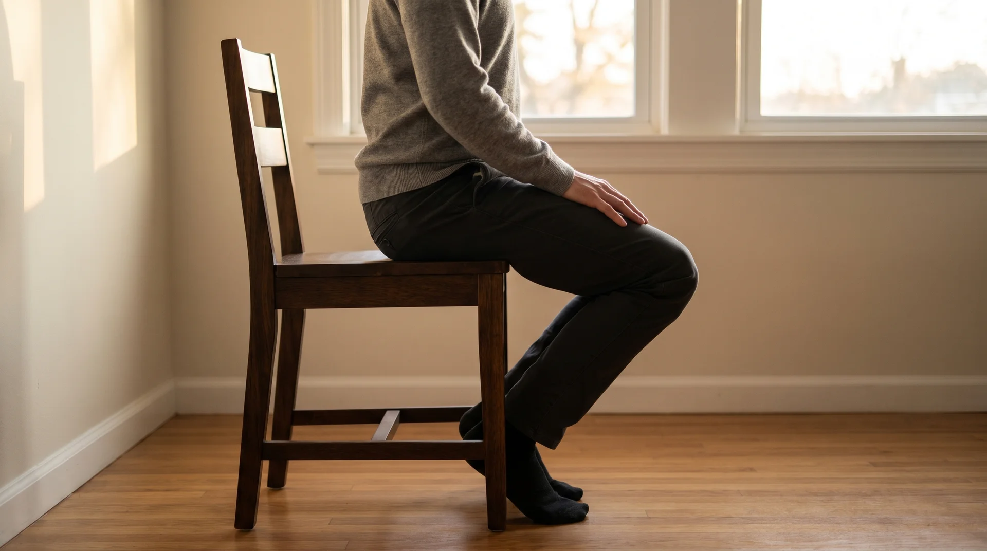 Side view of a person sitting on a wooden chair, tucking their feet back to stretch their thighs.