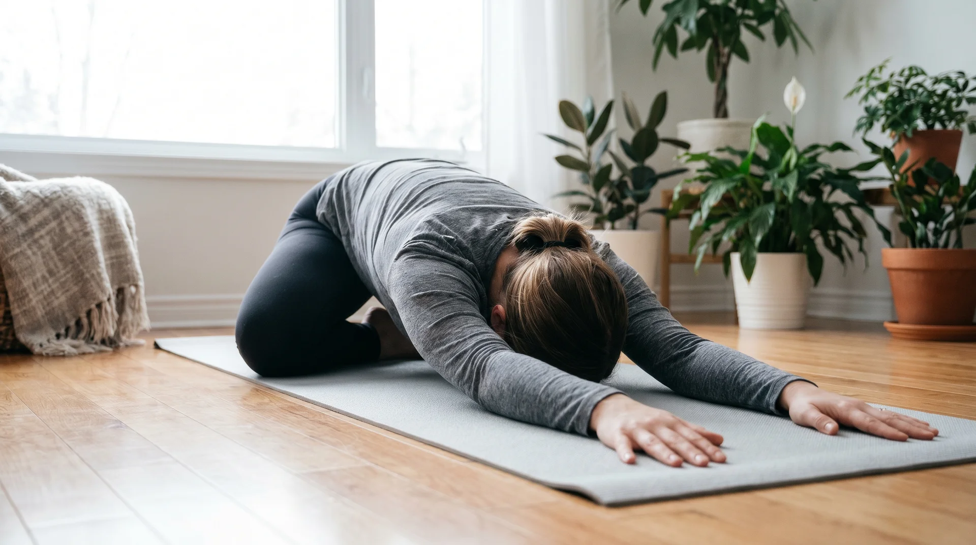 A woman in long sleeves performing a child's pose stretch on a grey yoga mat in a brightly lit room.