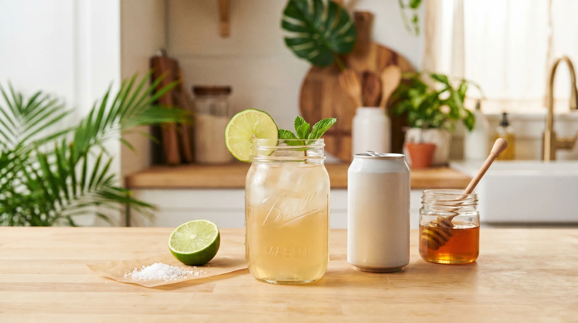Mason jar with lime and mint, a can of coconut water, honey jar, and sea salt on a wooden counter.