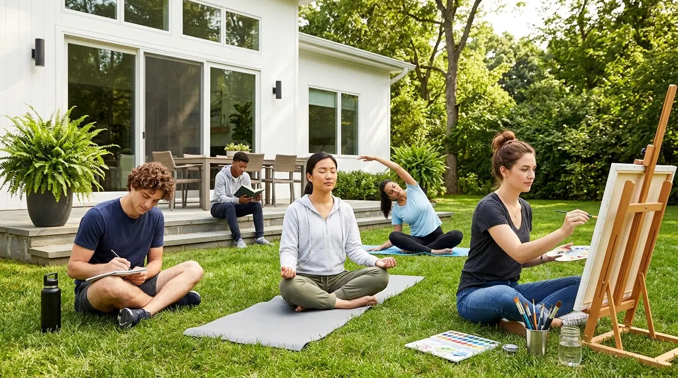 Diverse group of teens practicing outdoor mindfulness, art, and relaxation techniques.