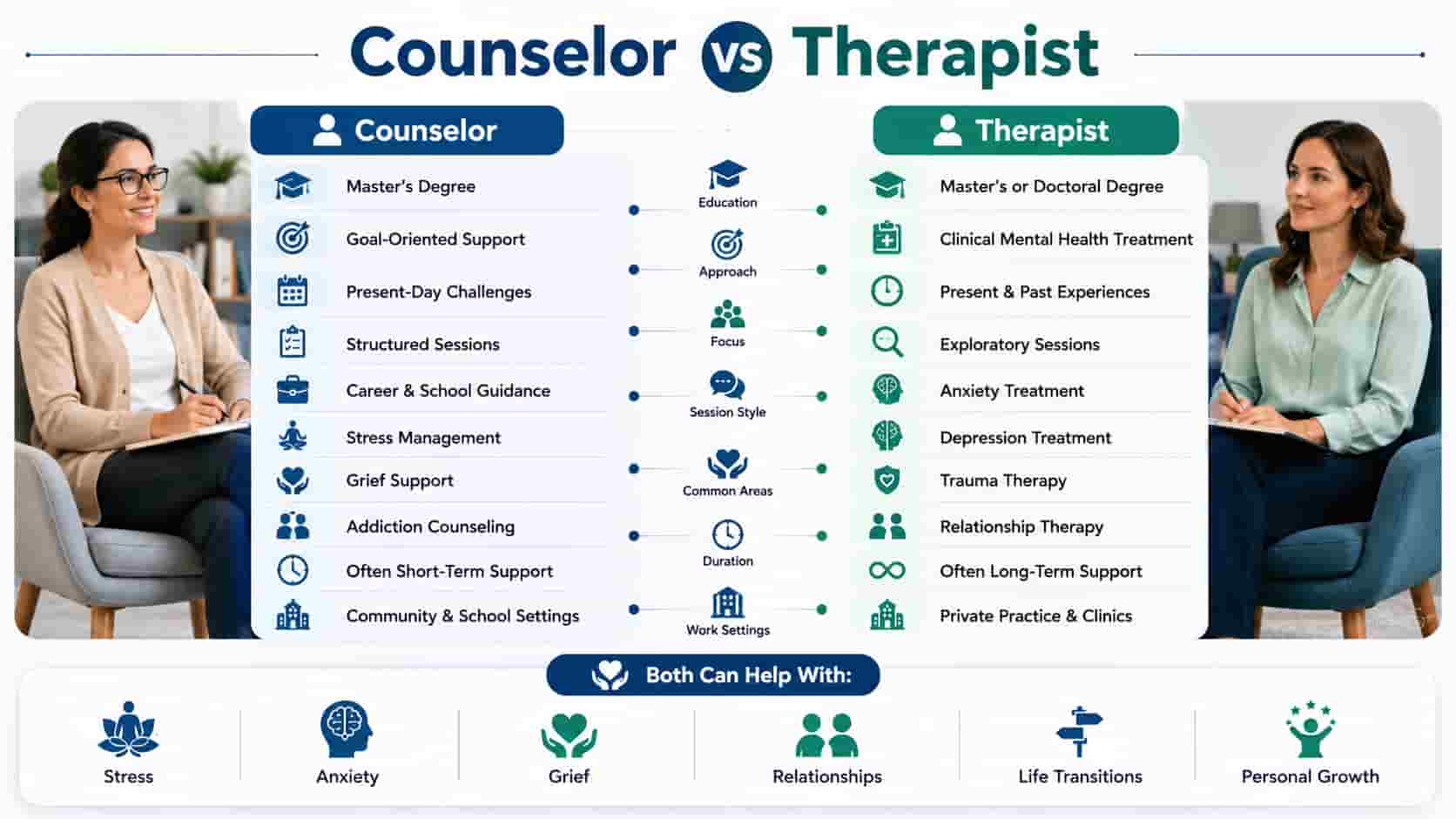 An infographic comparing counselors and therapists, highlighting key differences in education, approach, and treatment focus.