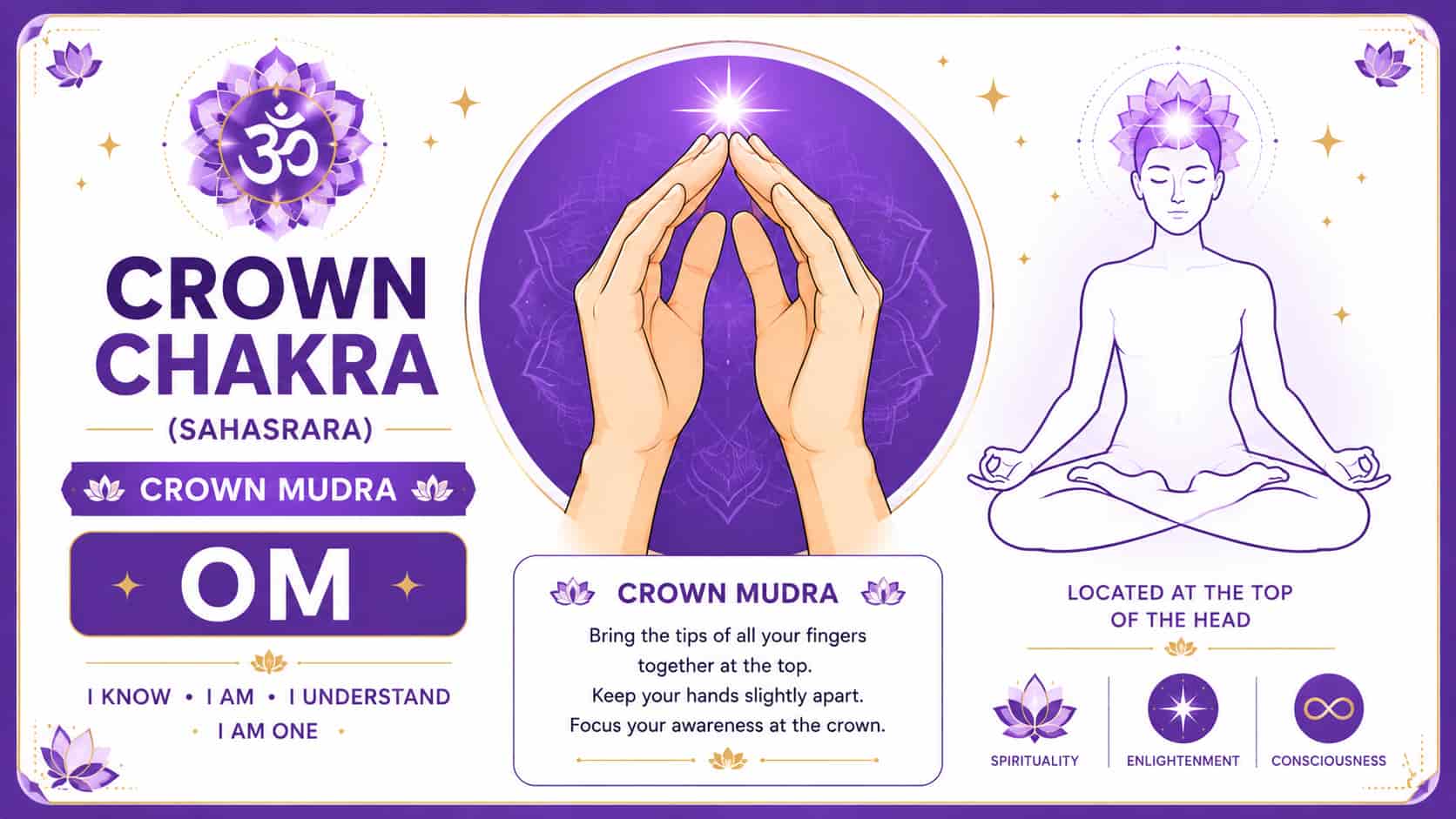 Infographic for Crown Chakra with mudra illustration, "OM" seed mantra, core beliefs, and spiritual themes on a purple background.