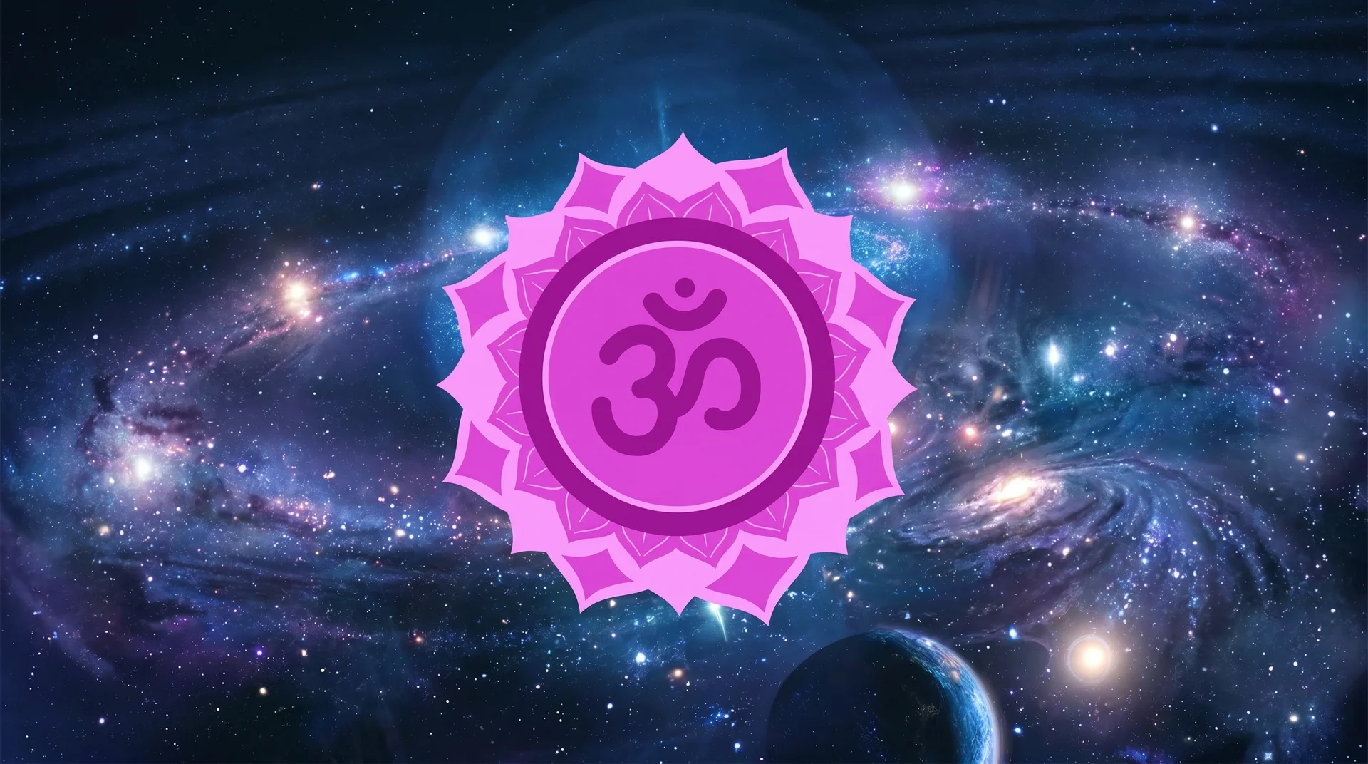Violet Crown Chakra symbol with concentric rings of petals and a central Om character against a starry space background.