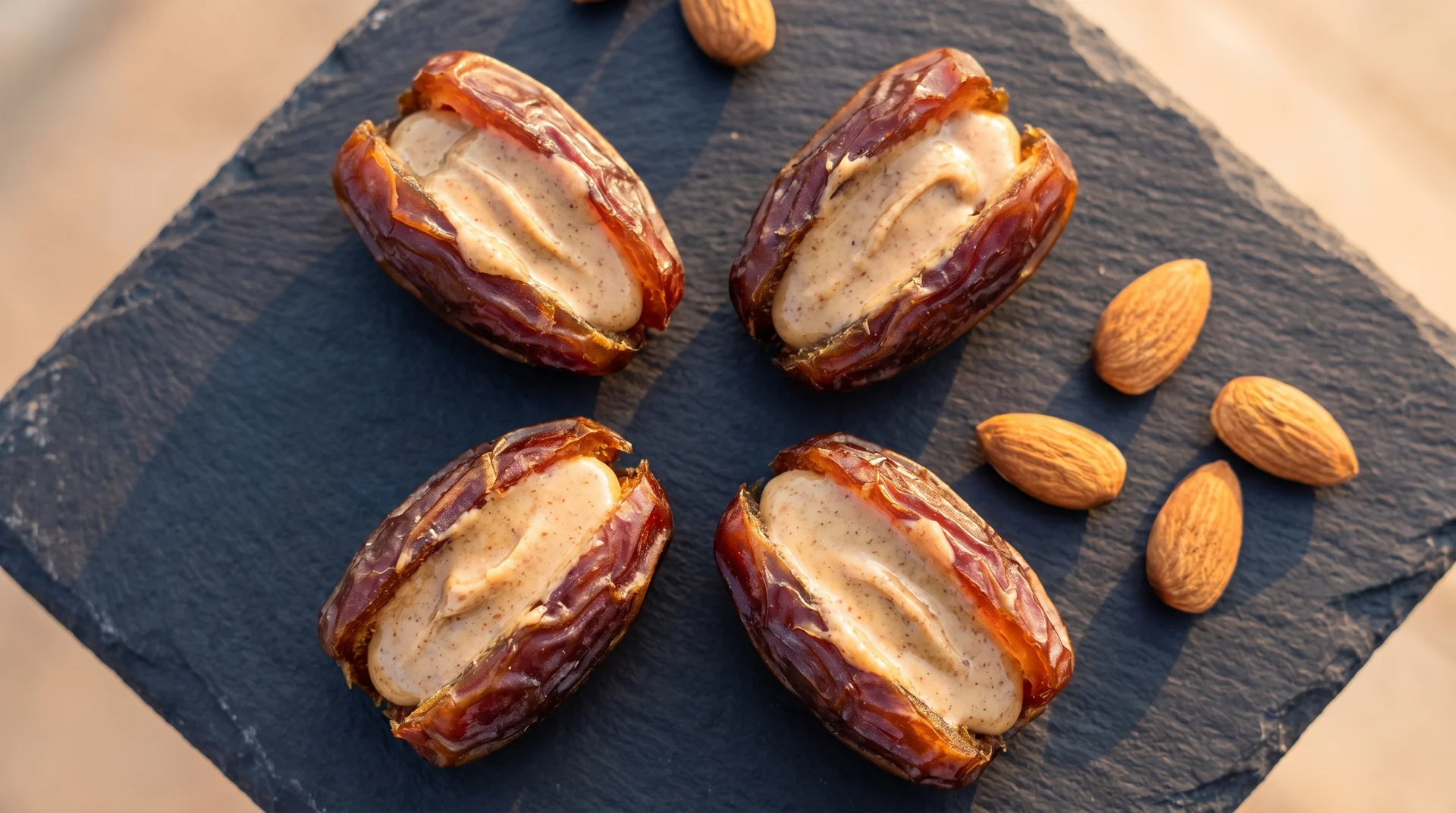 Four pitted Medjool dates stuffed with creamy almond butter, arranged on a dark slate plate next to a small pile of whole almonds.