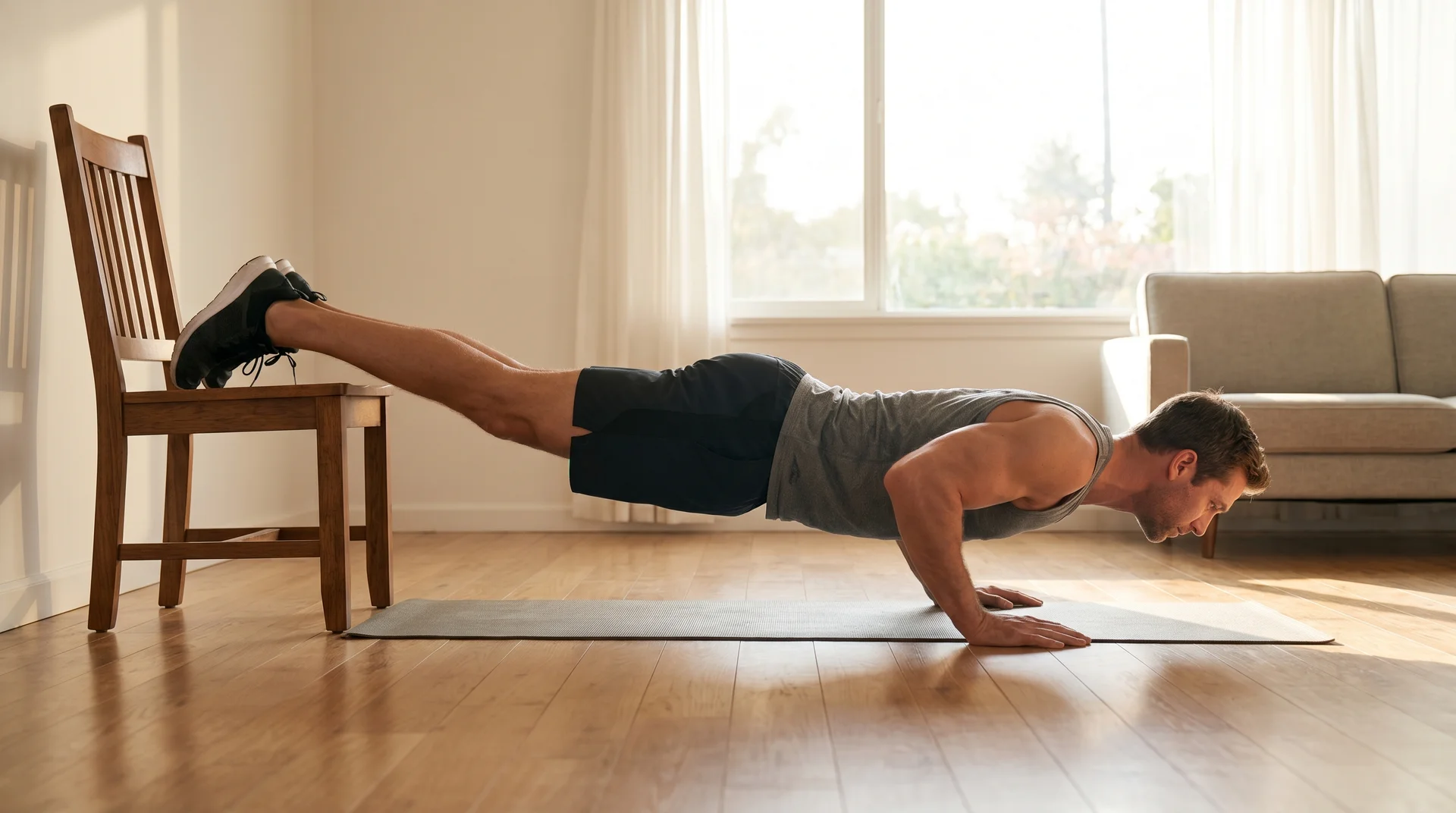 A man with short dark hair in athletic wear performing a decline push-up with his feet elevated on a wooden chair and his hands on a yoga mat.