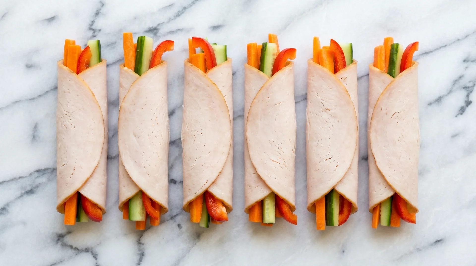 Six deli meat slices rolled around colorful strips of cucumber, carrot, and bell pepper, arranged on a marble surface.