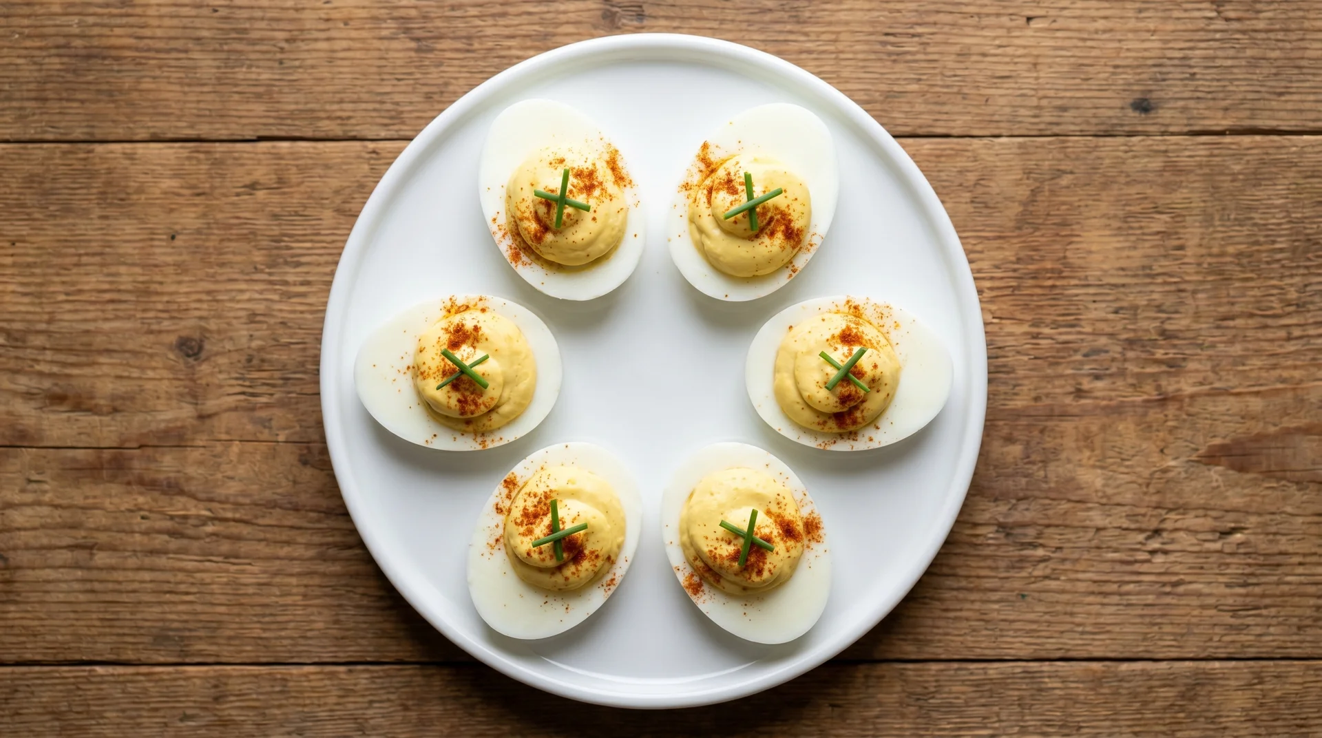 Six deviled egg halves garnished with paprika, arranged in a circle on a white plate over a rustic wooden surface.
