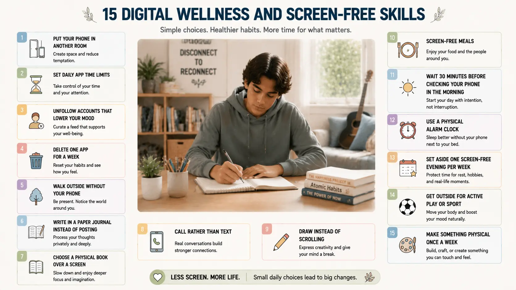 Infographic detailing 15 digital wellness and screen-free coping skills for teen stress relief.