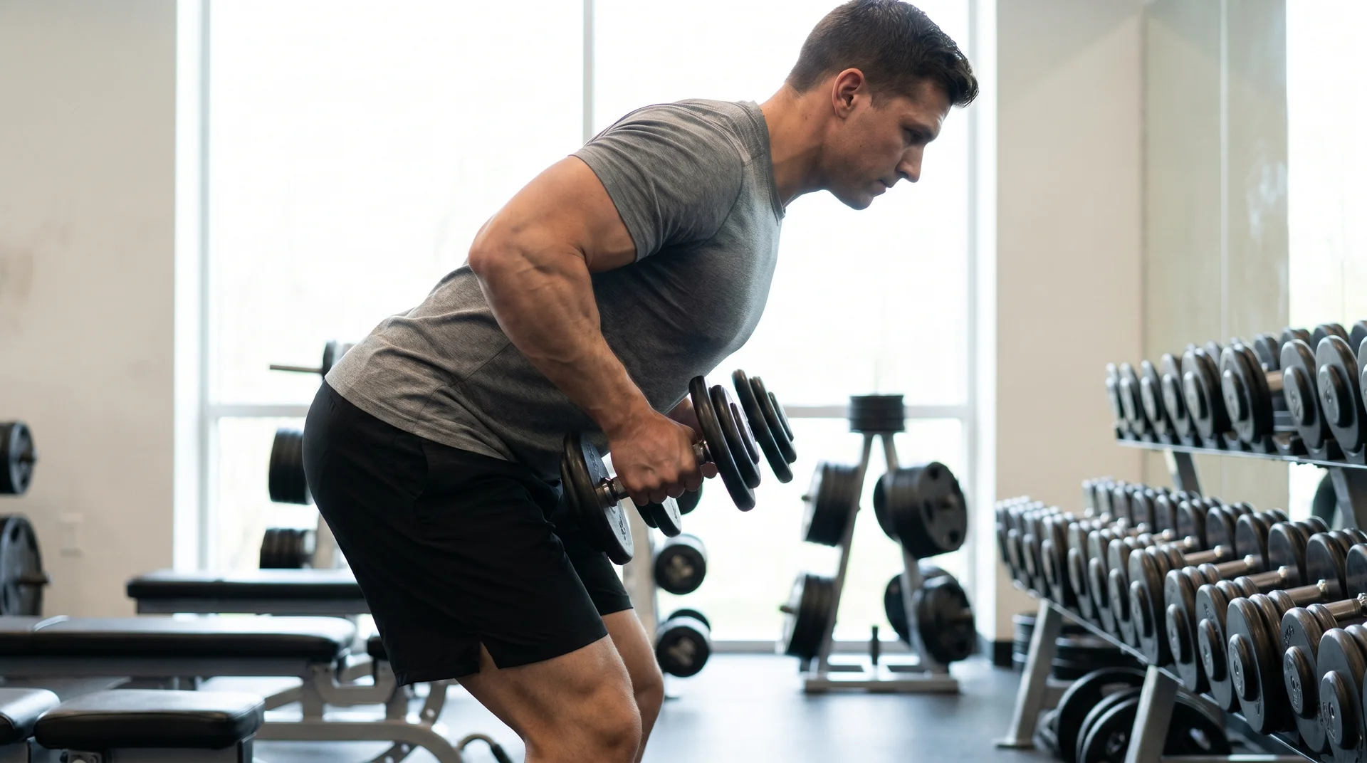 A man in a gym hinges forward at the hips, holding a dumbbell in each hand to perform a bent-over row exercise.