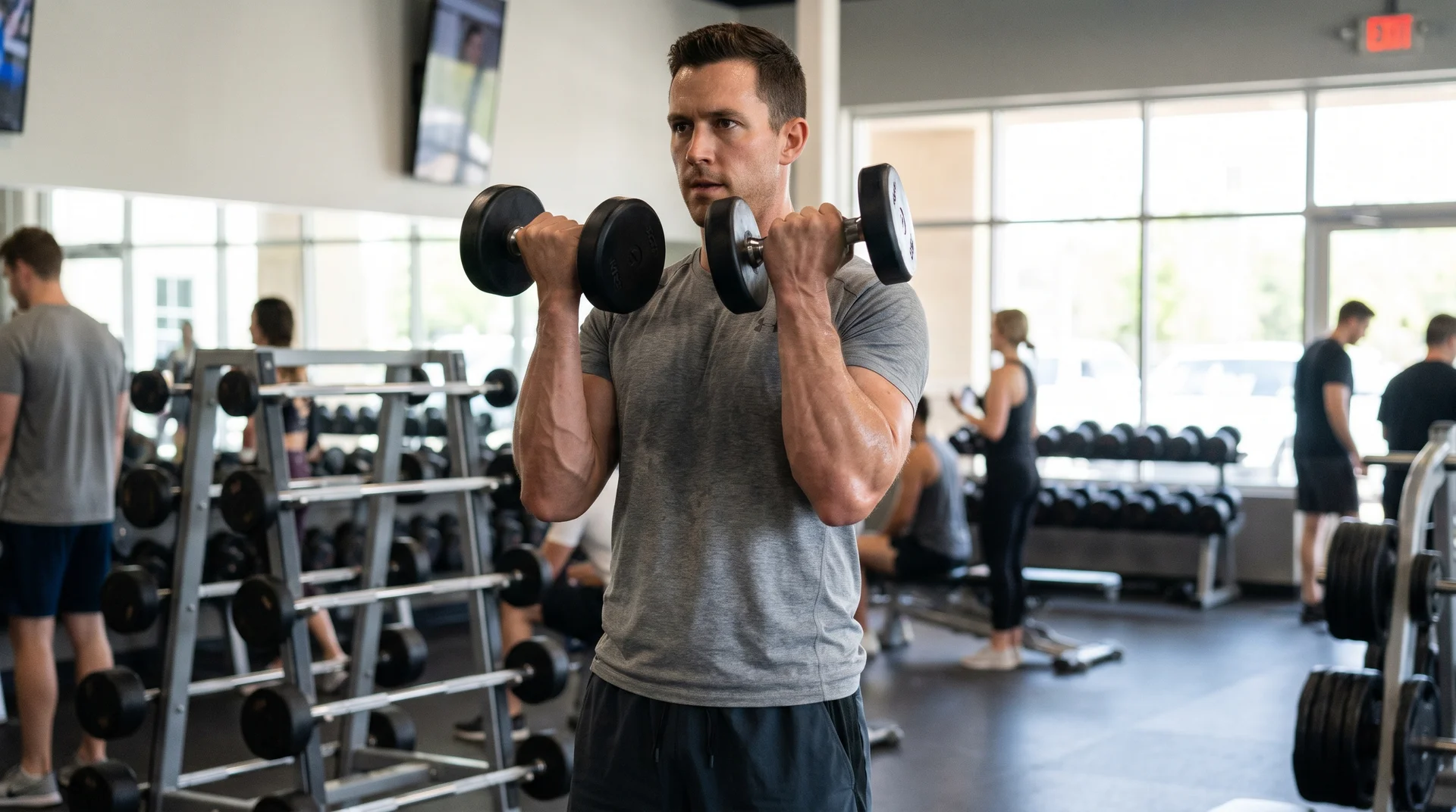 A man standing in a gym, bending his elbows to lift a pair of dumbbells toward his shoulders for a bicep curl.