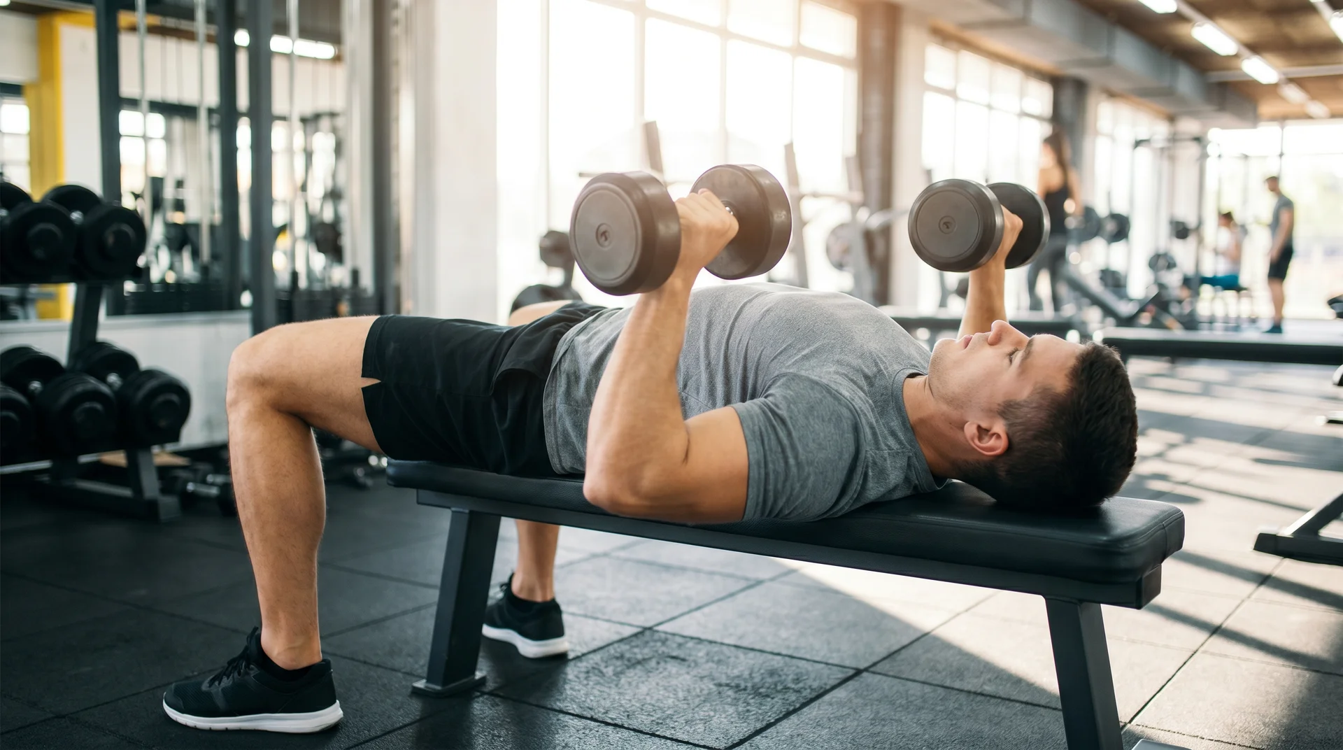 A man lying on a flat weight bench in a gym, lifting two dumbbells to perform a bench press exercise.