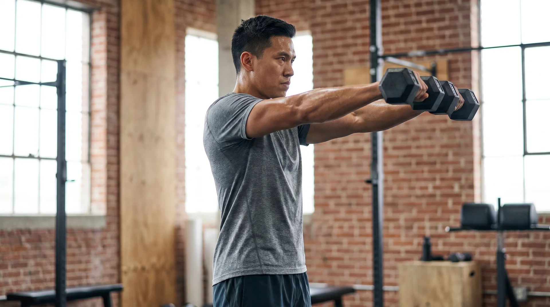 A man standing in a gym, raising a pair of dumbbells straight out in front of him to shoulder height for a front raise.