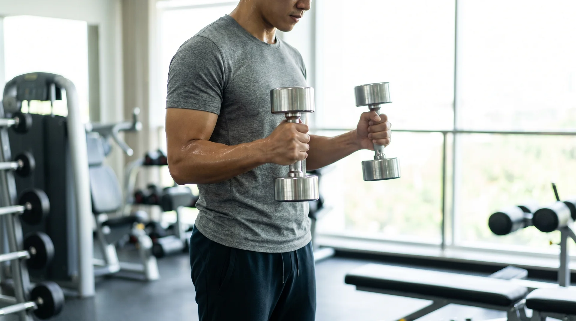 A man standing in a gym, holding a pair of dumbbells with a neutral grip to perform a dumbbell hammer curl.