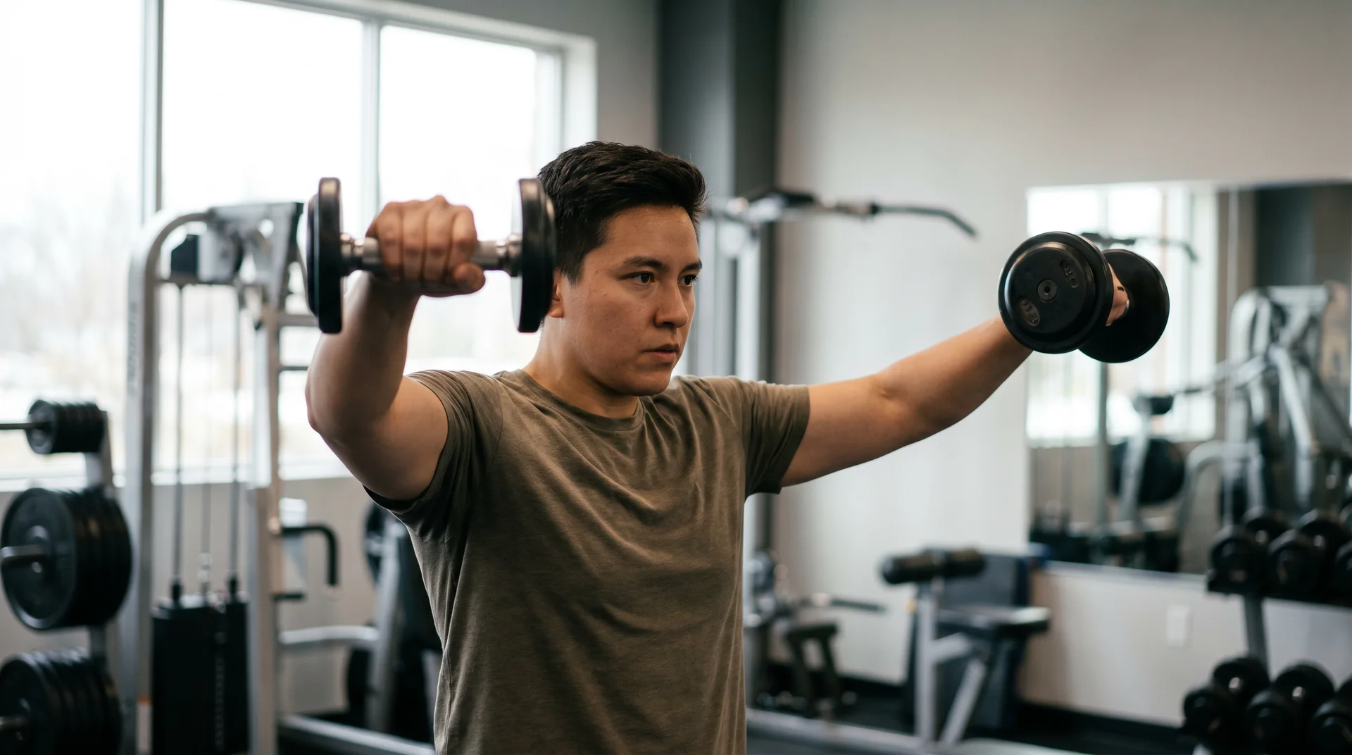 A man standing in a gym, raising a pair of dumbbells out to his sides at shoulder height during a lateral raise exercise.