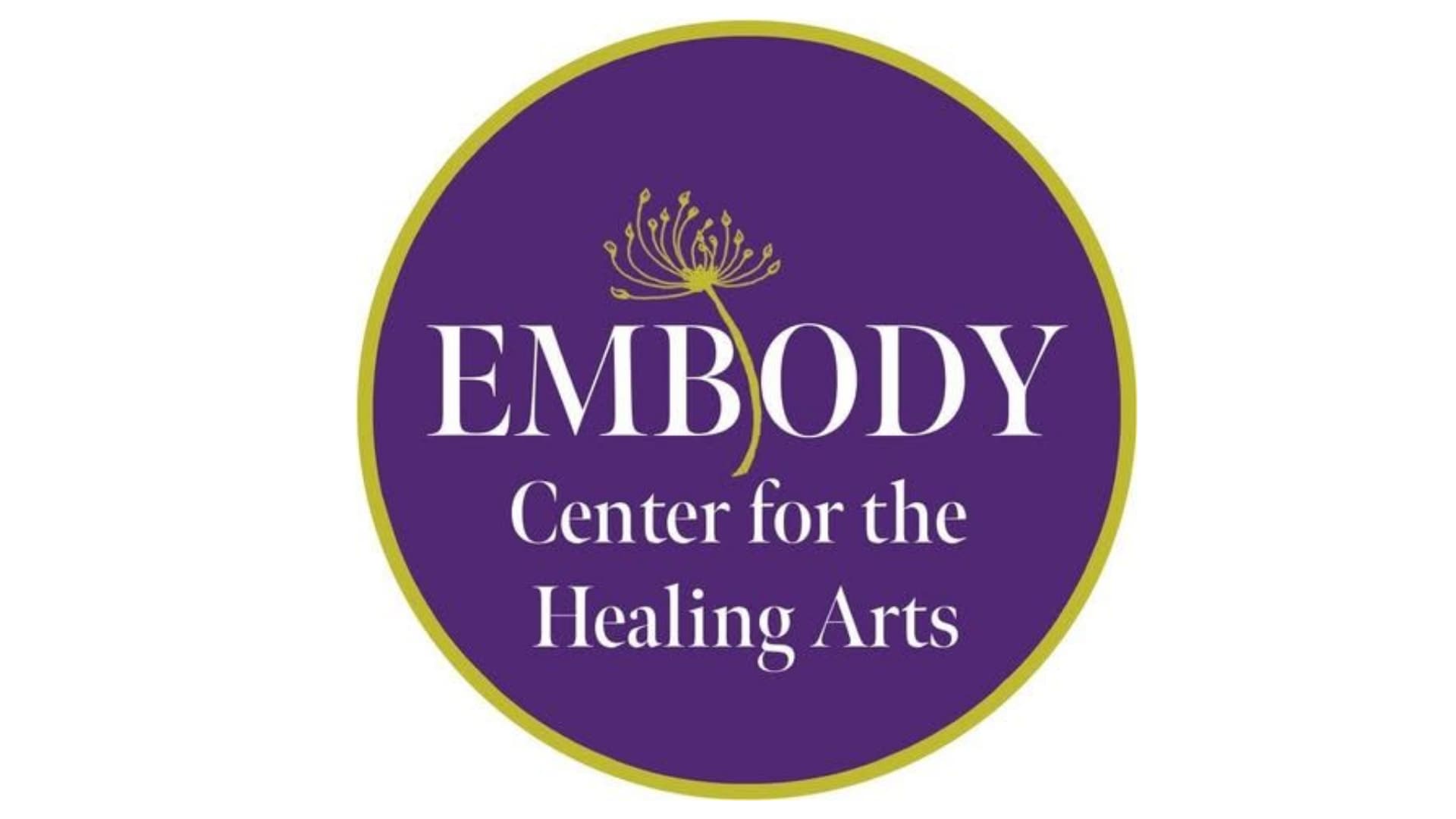 Logo for Embody Center for the Healing Arts featuring a purple circle containing white text and a gold flourish.