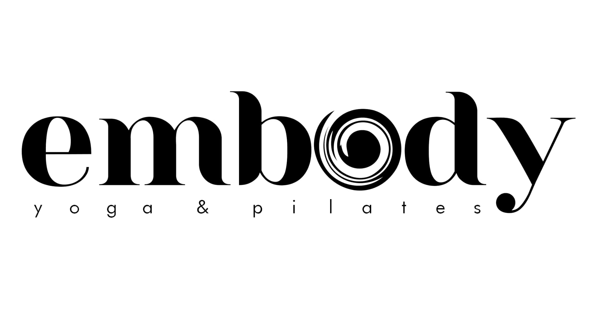 Logo for Embody Yoga featuring the word "embody" in black serif font with a swirl in the letter "o", above "yoga & pilates".