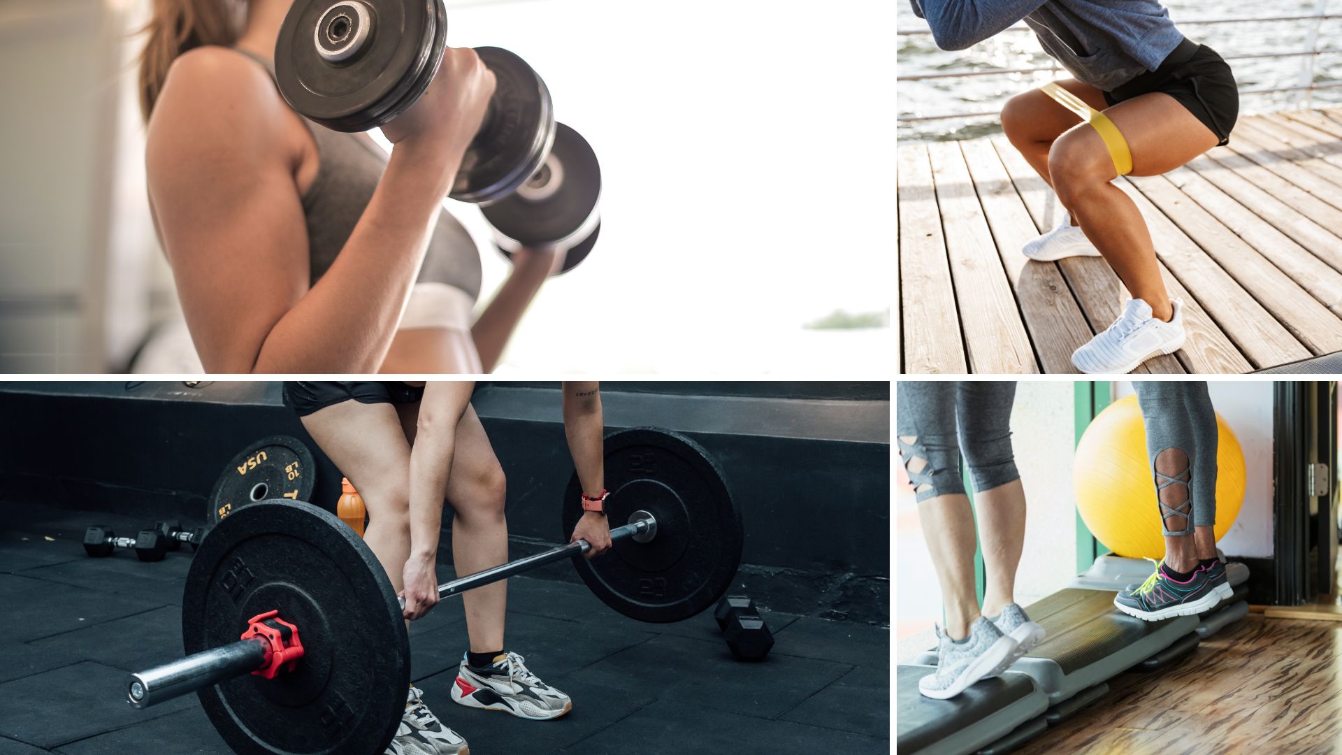 Collage of strength and cardio exercises including dumbbells, squats, deadlifts, and step-ups for a balanced 5 day workout split.