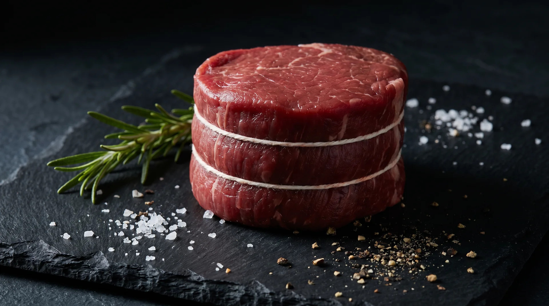 Raw filet mignon steak tied with cooking twine on a black slate board, with rosemary and sea salt.