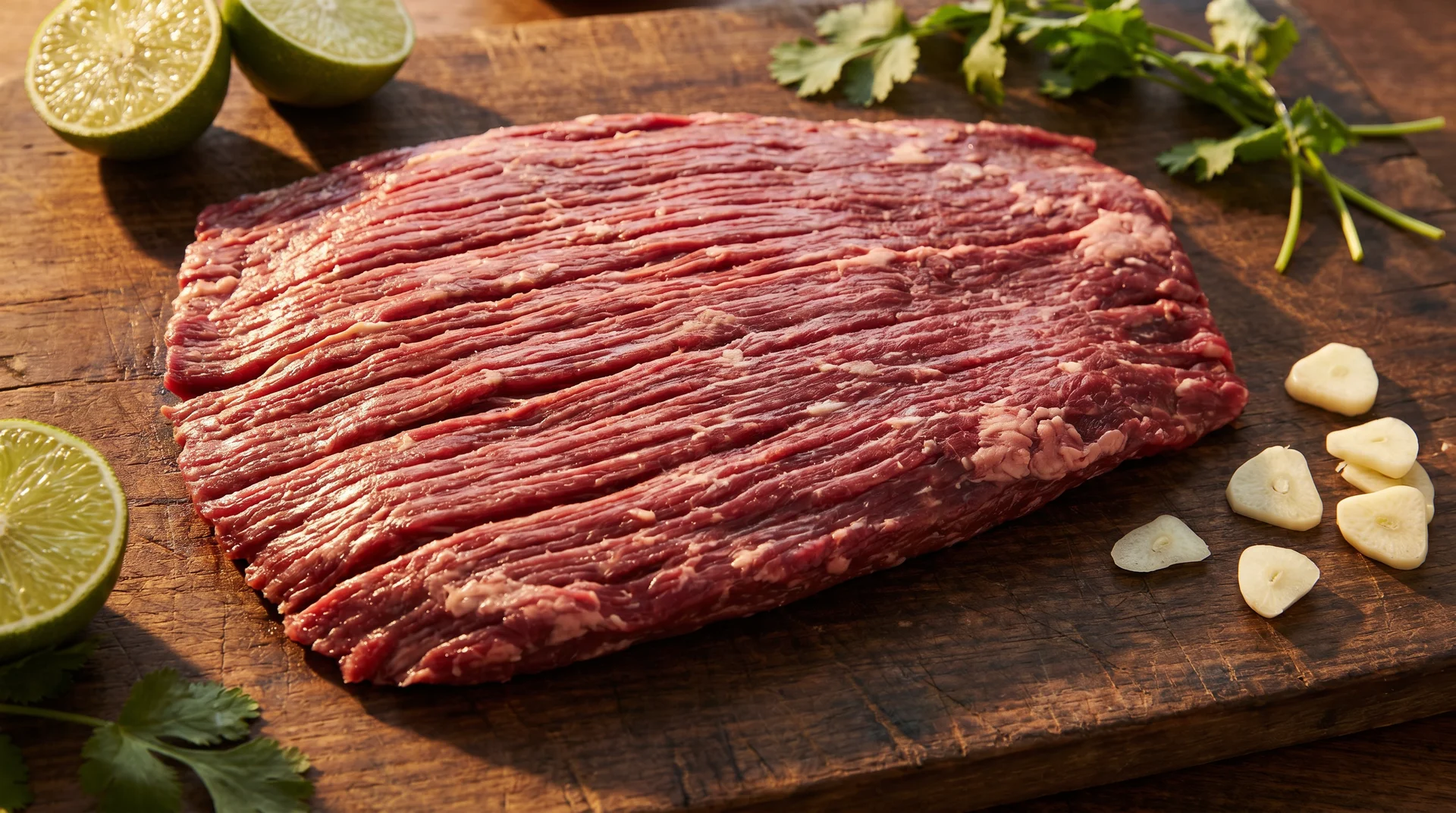 Raw flank steak on a wooden board, garnished with lime halves, garlic cloves, and fresh parsley.