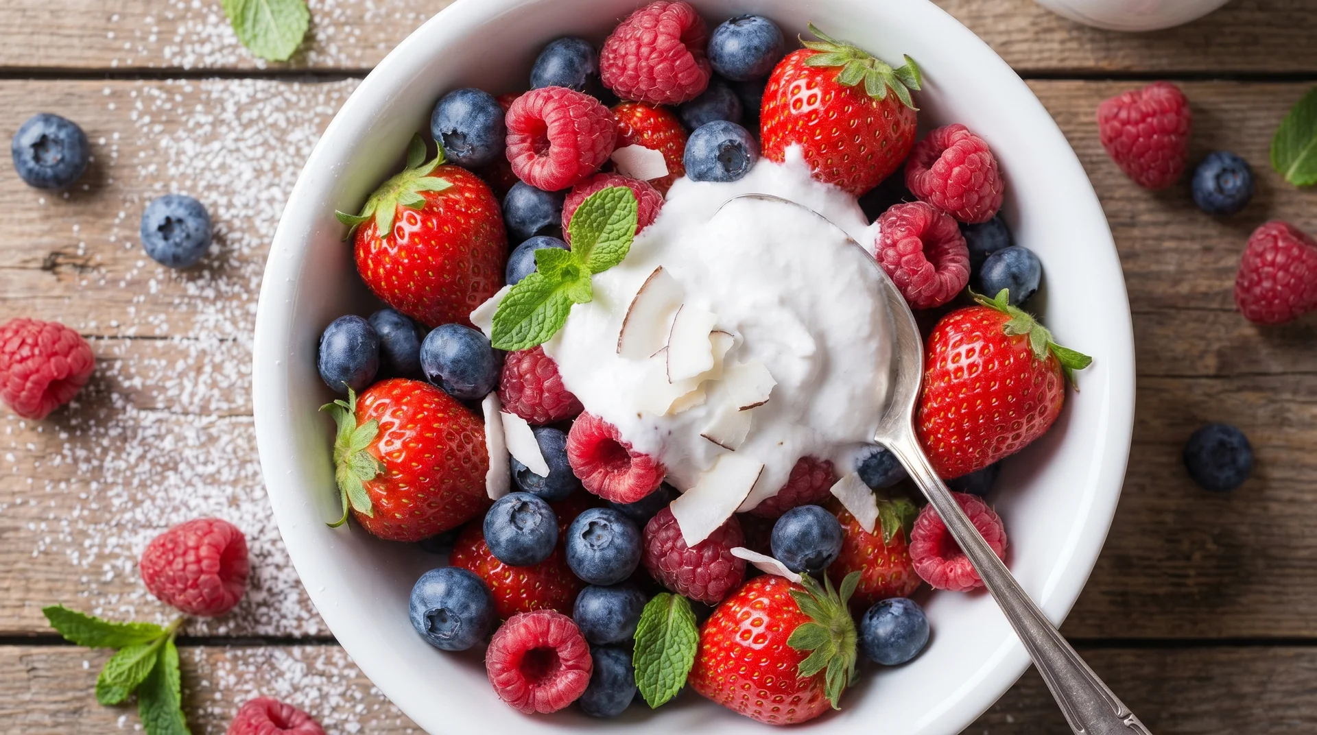 Fresh strawberries, blueberries, and raspberries in a white bowl, topped with a dollop of whipped coconut cream and a mint leaf.